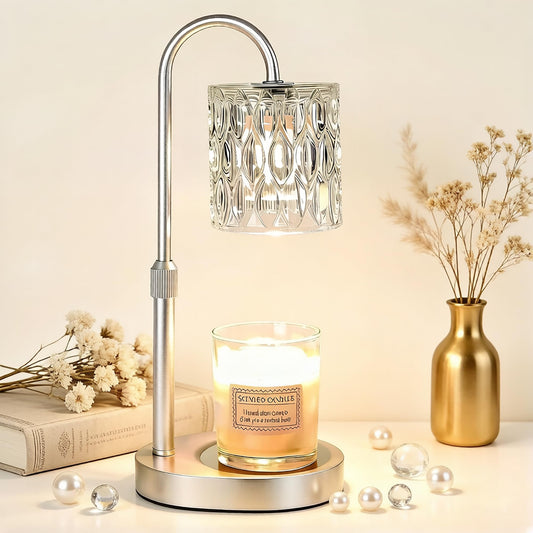 Dreamholder Electric Candle Warmer Lamp with Timer, Dimmable Candle Lamp with Adjustable Height, Wax Melter for Jar Candles Wood Base Floral Home Decor Gifts for Women Mom, Silver Glass
