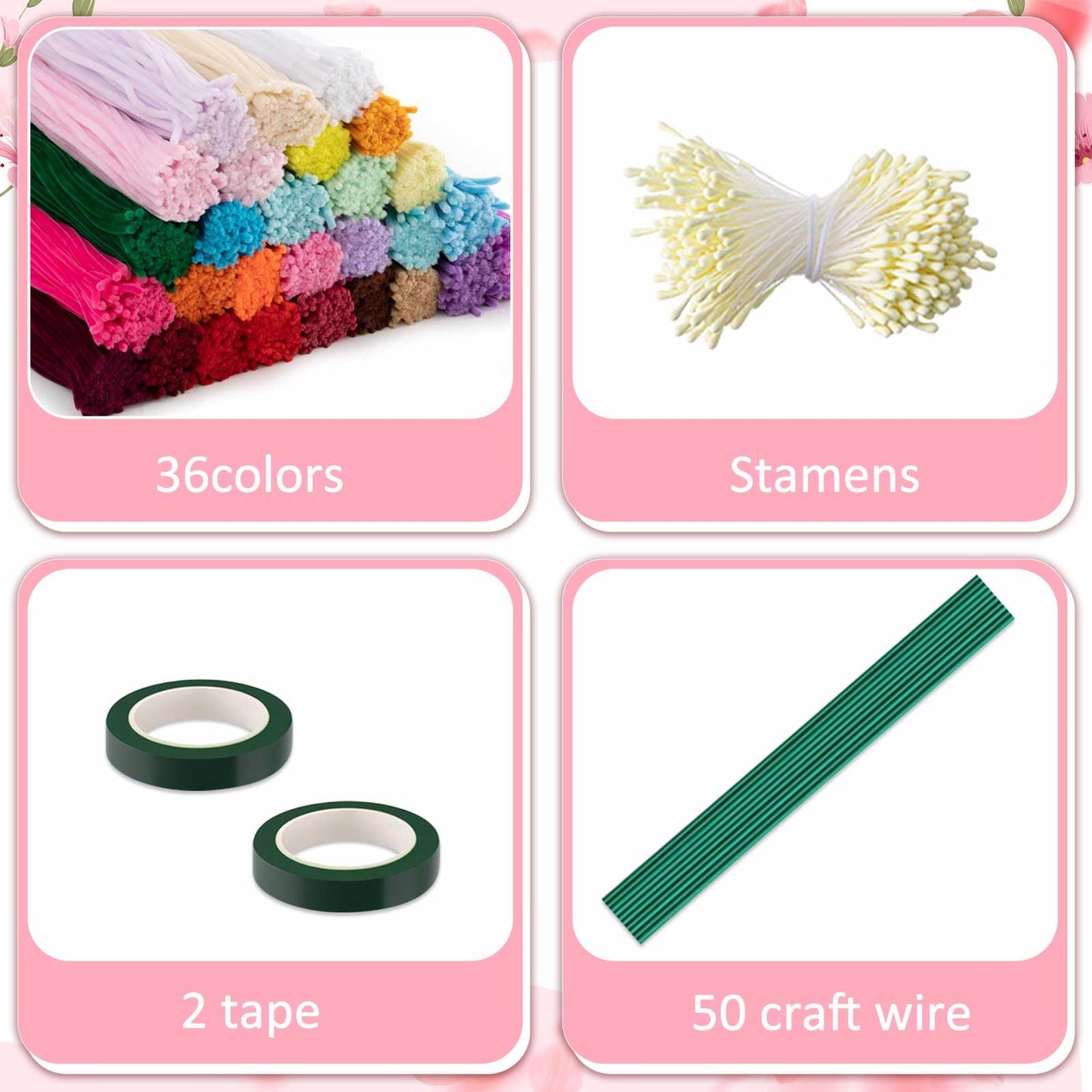 Peryiter 3600 Pcs 12 Inch Craft Pipe Cleaners Fluffy Chenille Stems Bulk with 50 Flower Stems 4 Rolls Floral Tape and 350 Yellow Stamens for DIY Art Projects Creative Gift Wrapping Party Decorations