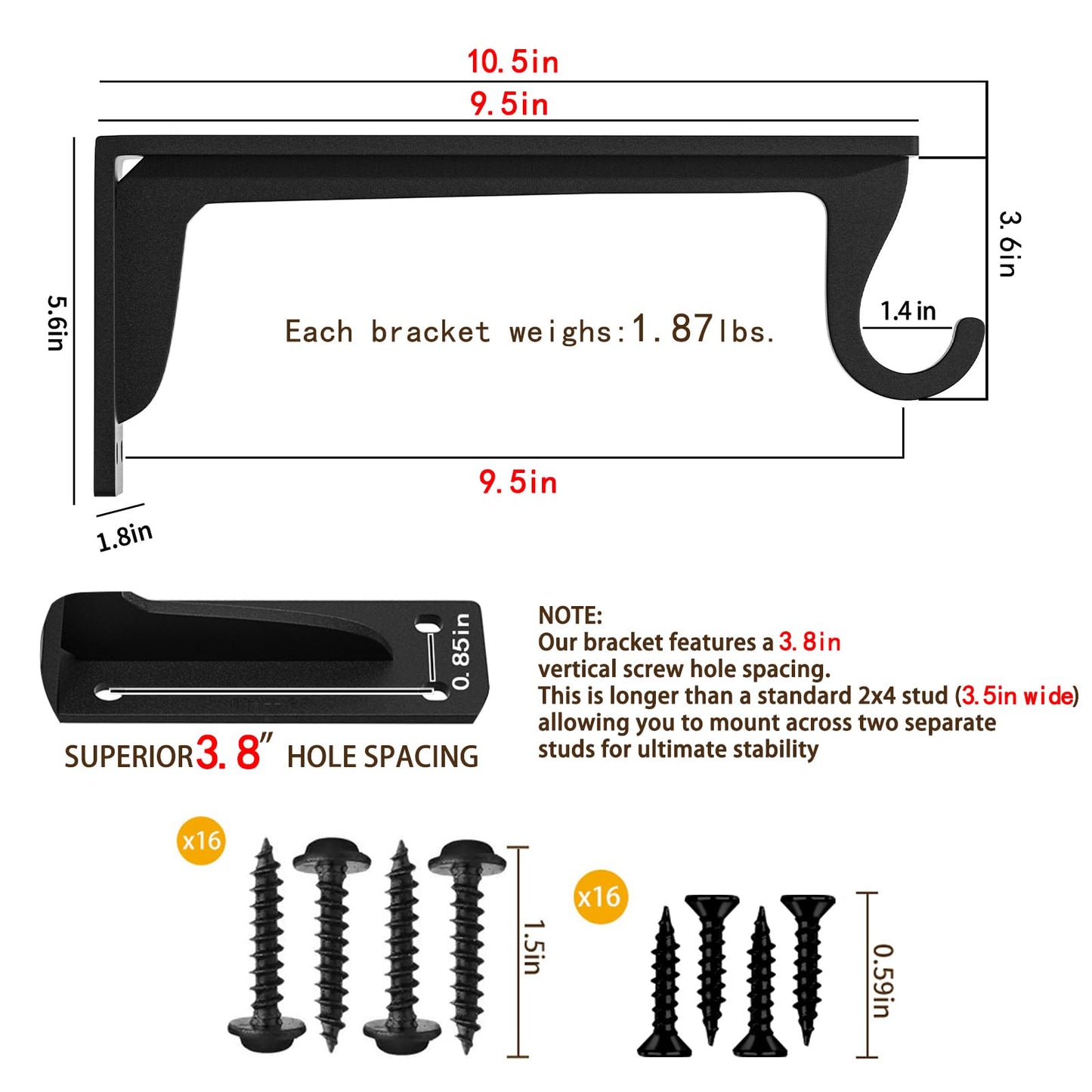 Closet Rod Brackets Heavy Duty Support 400 lbs WYGWP Wall Mounted Closet Shelf Brackets with Rod Holder for Closet, Bathroom and Kitchen (4pack Black)