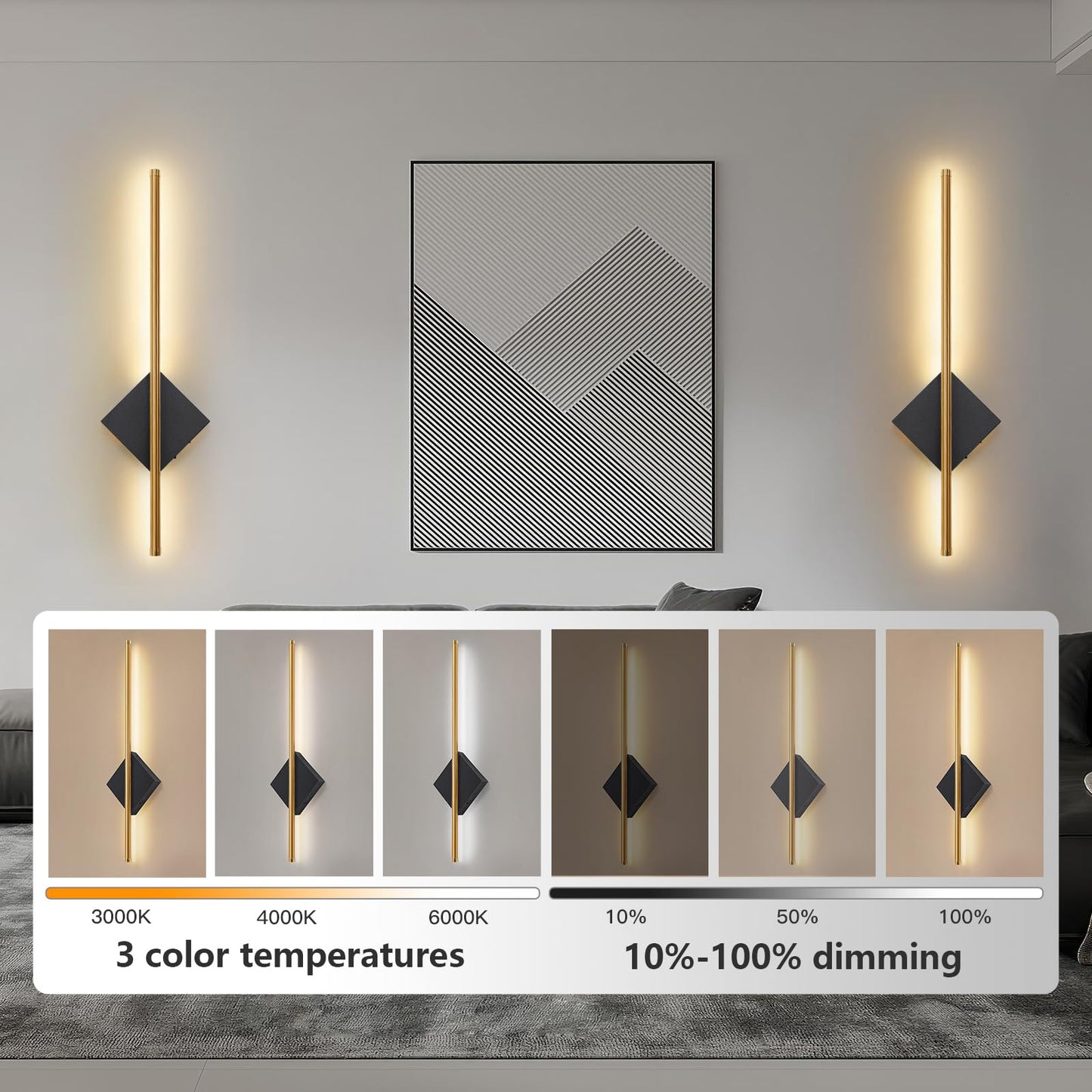 Battery Operated Wall Sconces Set of Two, Modern Sconces Wireless Cordless Rechargeable Light with Remote, Gold and Black Wall Lamp Dimmable Home Decor for Bedroom Living Room Hallway Timing 23.6 Inch