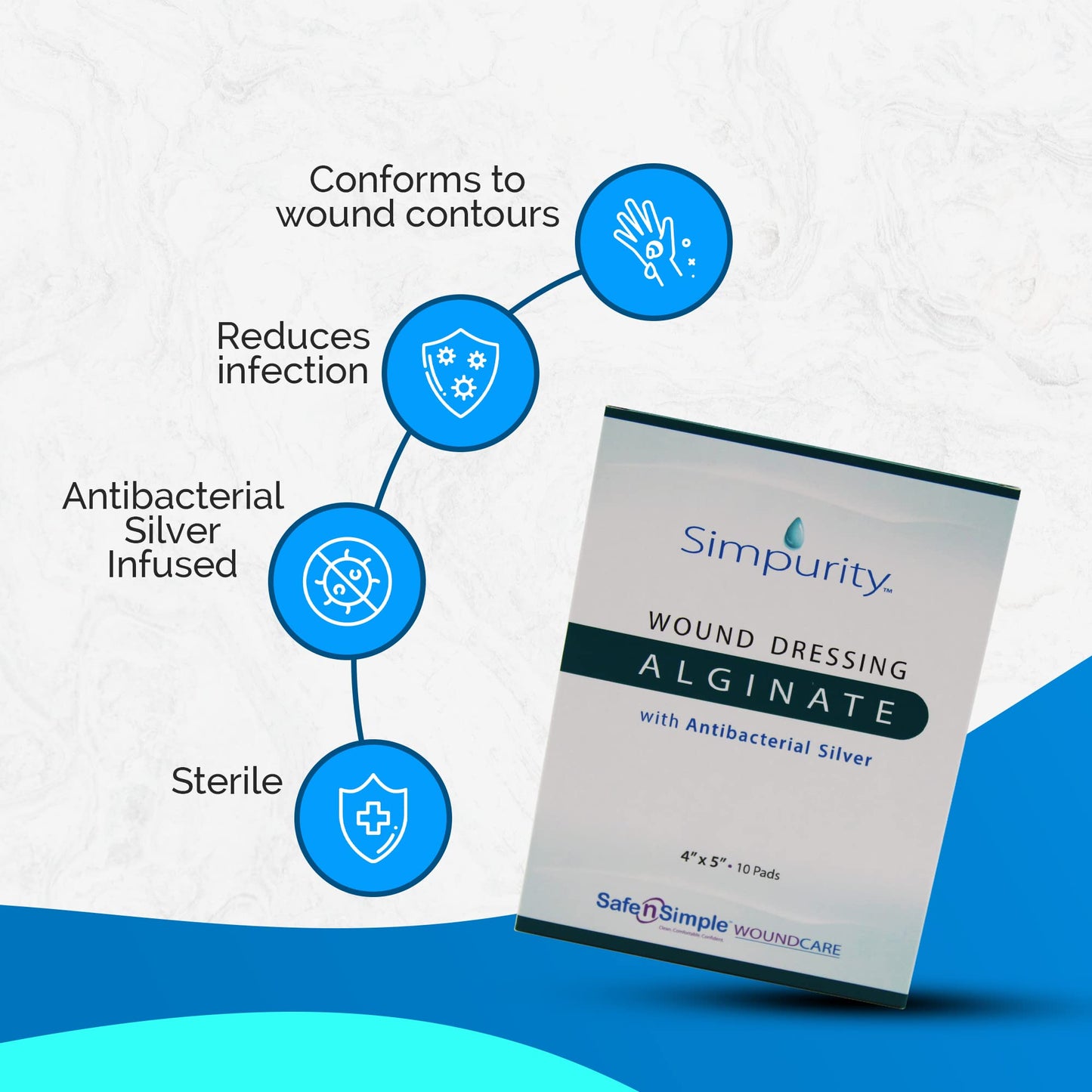 Simpurity Alginate Wound Dressing First Aid with Antimicrobial Silver, 4" x 5", Box of 10 - Calcium Alginate Dressing