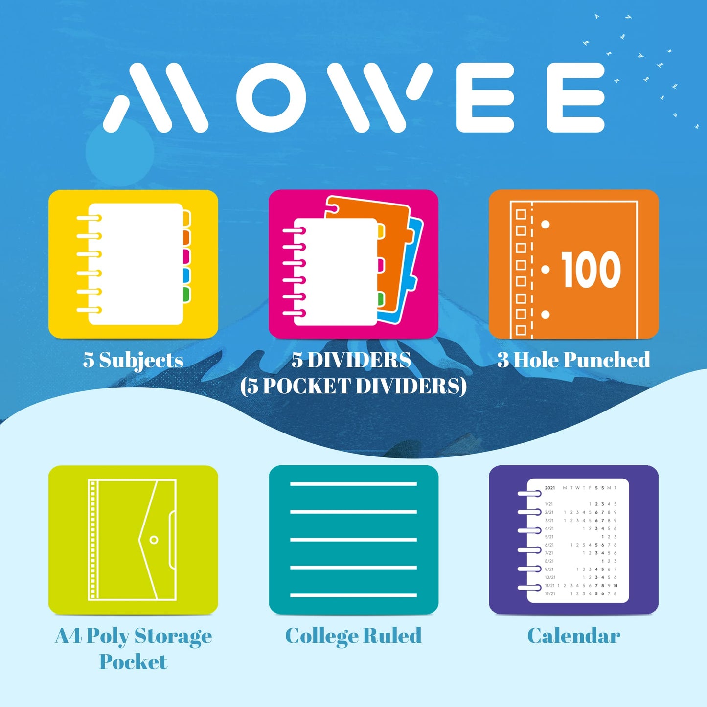 MOWEE 5 Subject Notebook, 3 Pack College Ruled Notebook with Storage Divider Pockets, Index Tabs, 11" Ruler, 200 Pages, for School, Business, Office Supplies, 8.1''x11.7''（Black Red Blue