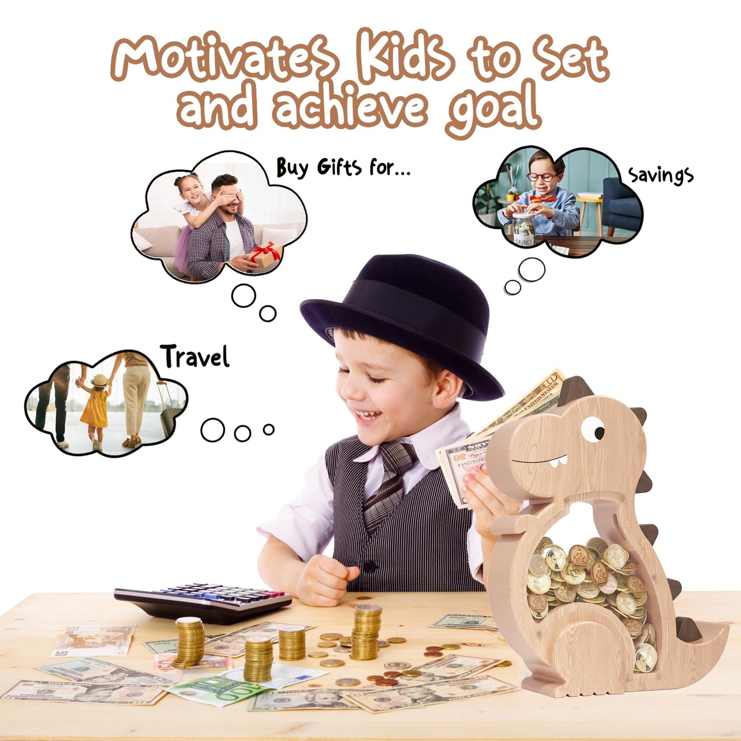 Kibelly Wooden Dinosaur Piggy Bank,Cute Money Bank for Boys and Girls, Unbreakable Wood Coin Bank, Creative Saving Money Jar Personalized Present for Child Birthday & Decor
