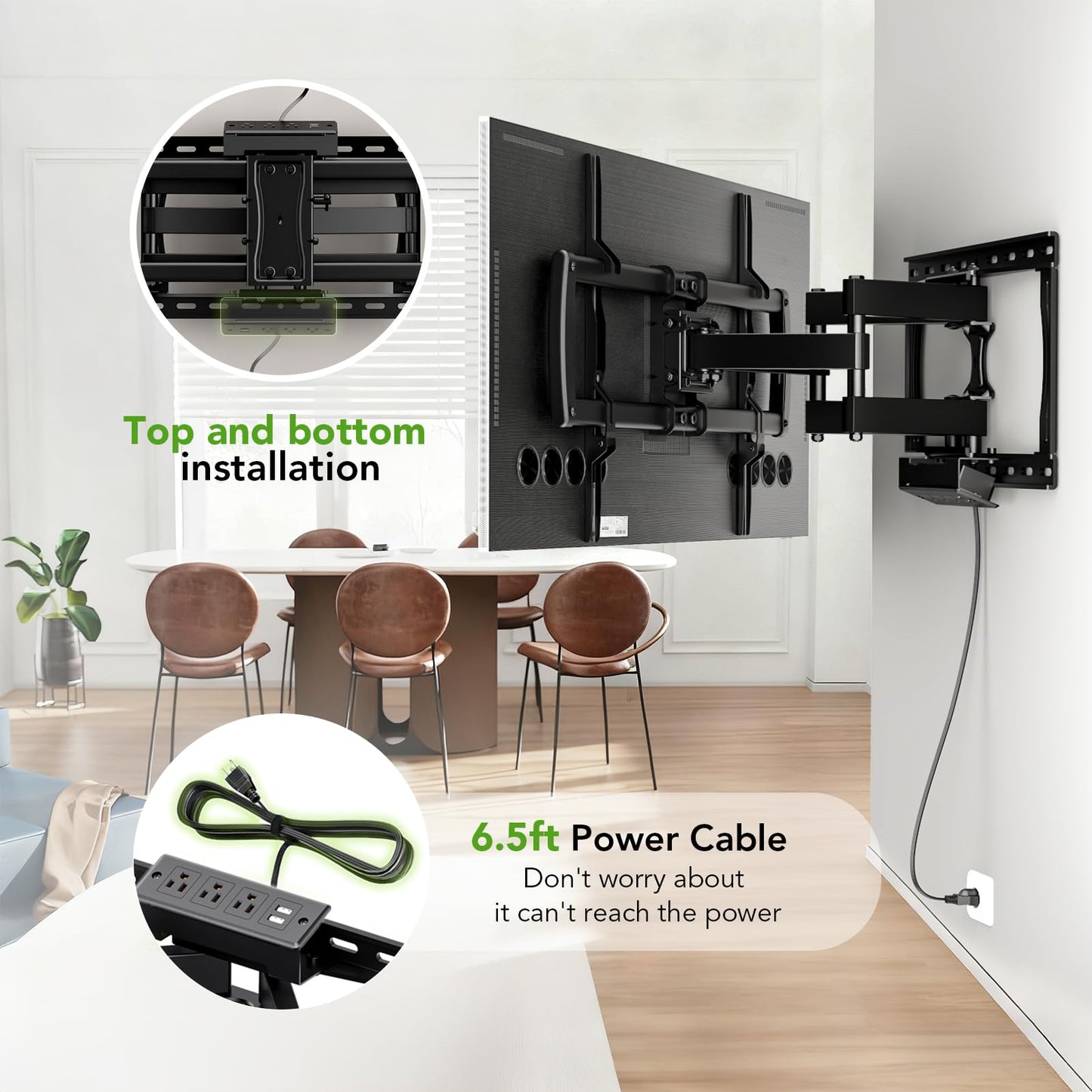 Full Motion TV Wall Mount Bracket with Power Outlet for Most 32-85 inch TV,TV Mount Dual Articulating Arms,Tilt/Swivel/Extension/Leveling,Fits 8” 12” 16" Studs,Max Vesa 600x400mm, Holds up to 132lbs