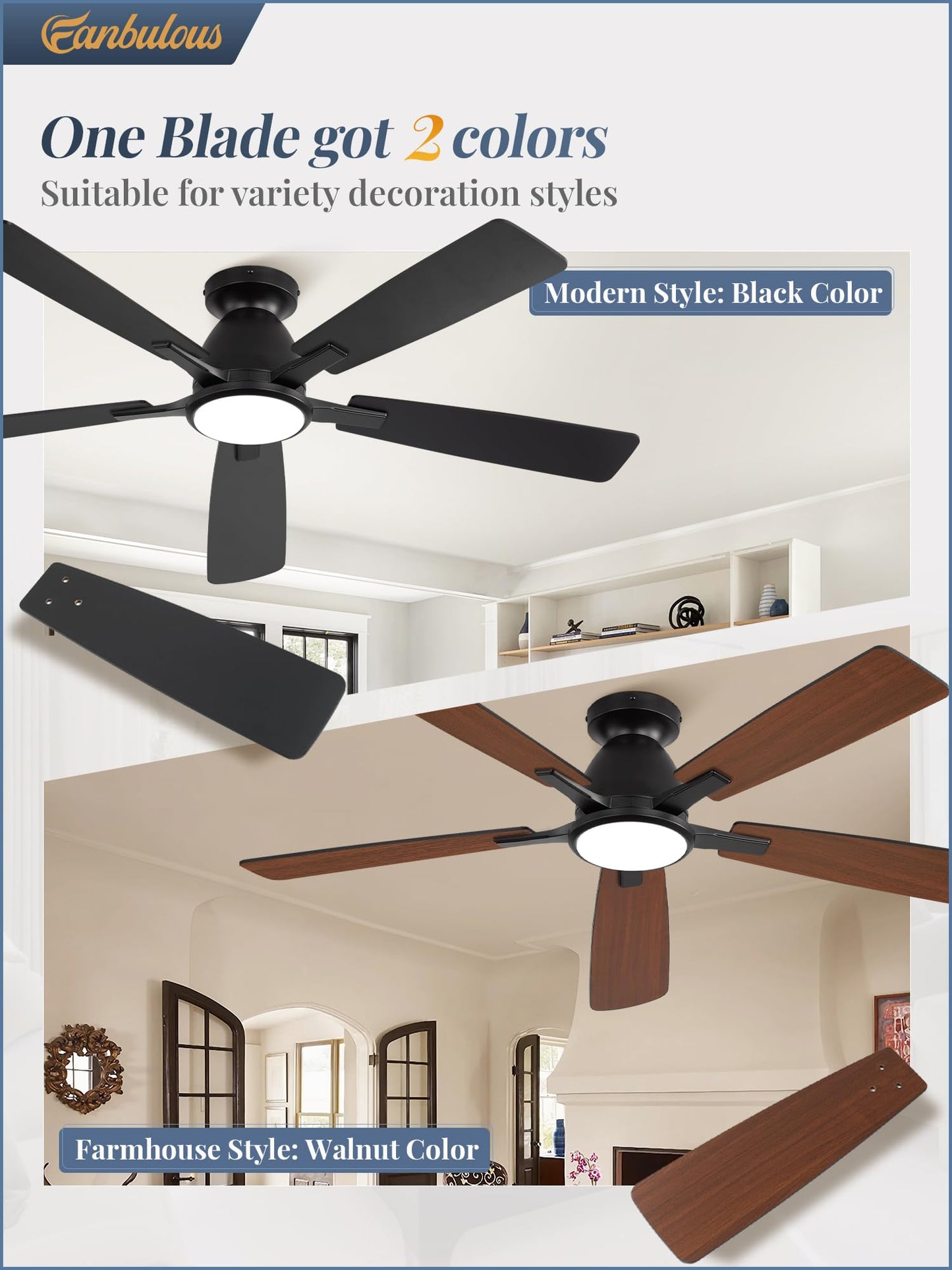 Fanbulous 52 inch Ceiling Fans with Lights, Smart Flush Mount Ceiling Fan and Remote APP, Modern Low Profile, 3CCT 20W LED with 6-Speeds Quiet Reversible Motor for Bedroom, Living Room, Kitchen, Black