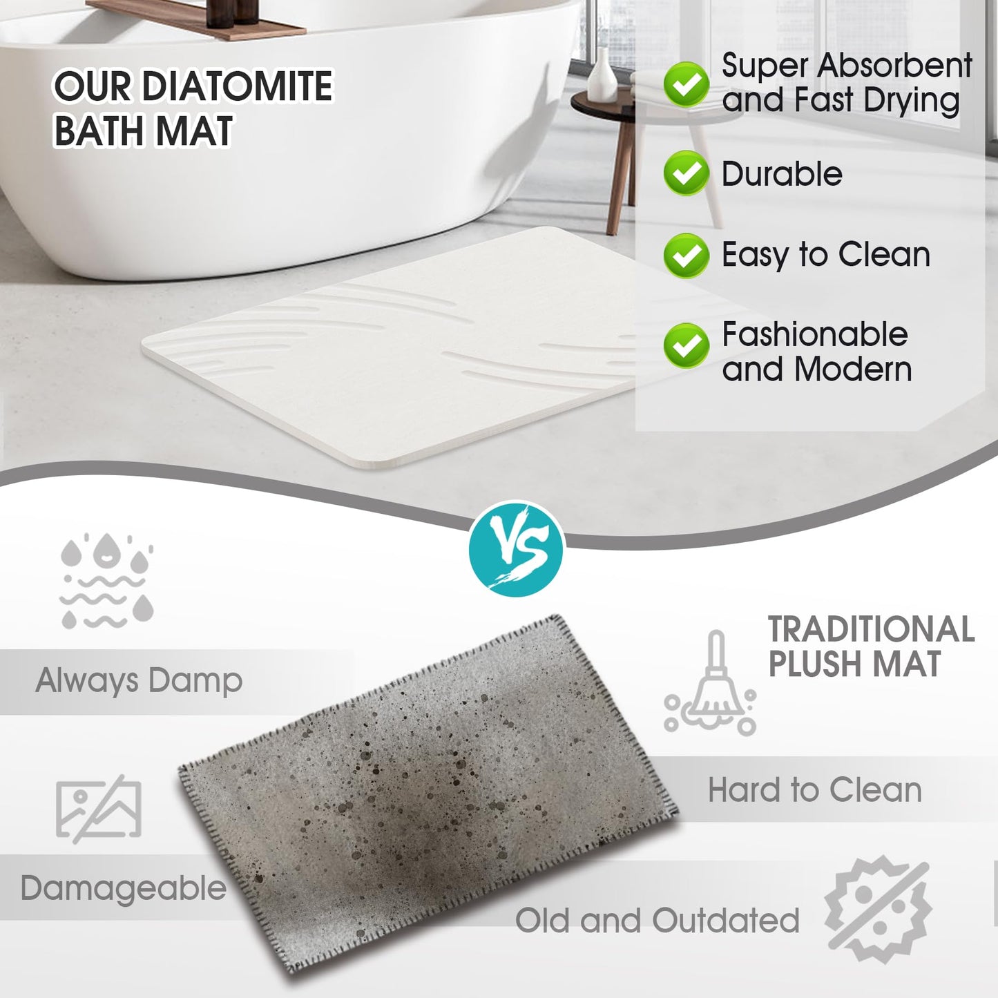 ZIKIBL Stone Bath Mat Diatomaceous Earth Shower Mat Super Absorbent Non-Slip Diatomite Stone Bath Mats for Bathroom Floor Quick-Drying Natural Easy to Clean（24 * 16''）