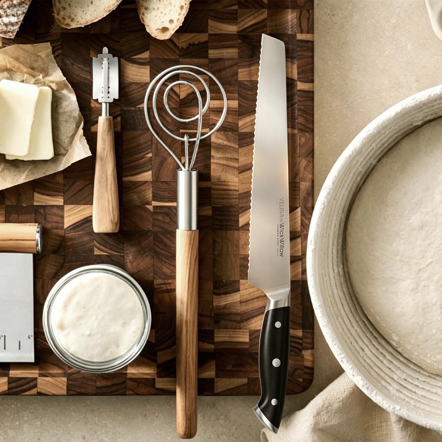 WICKWILLOW Velina 10-Inch Serrated Bread Knife - German X50CrMoV15 Steel, Full Tang, Razor-Sharp Wavy Edge for Sourdough, Artisan Bread, Bagels, Cakes & Sandwich Loaves - Gift Boxed for Home Bakers
