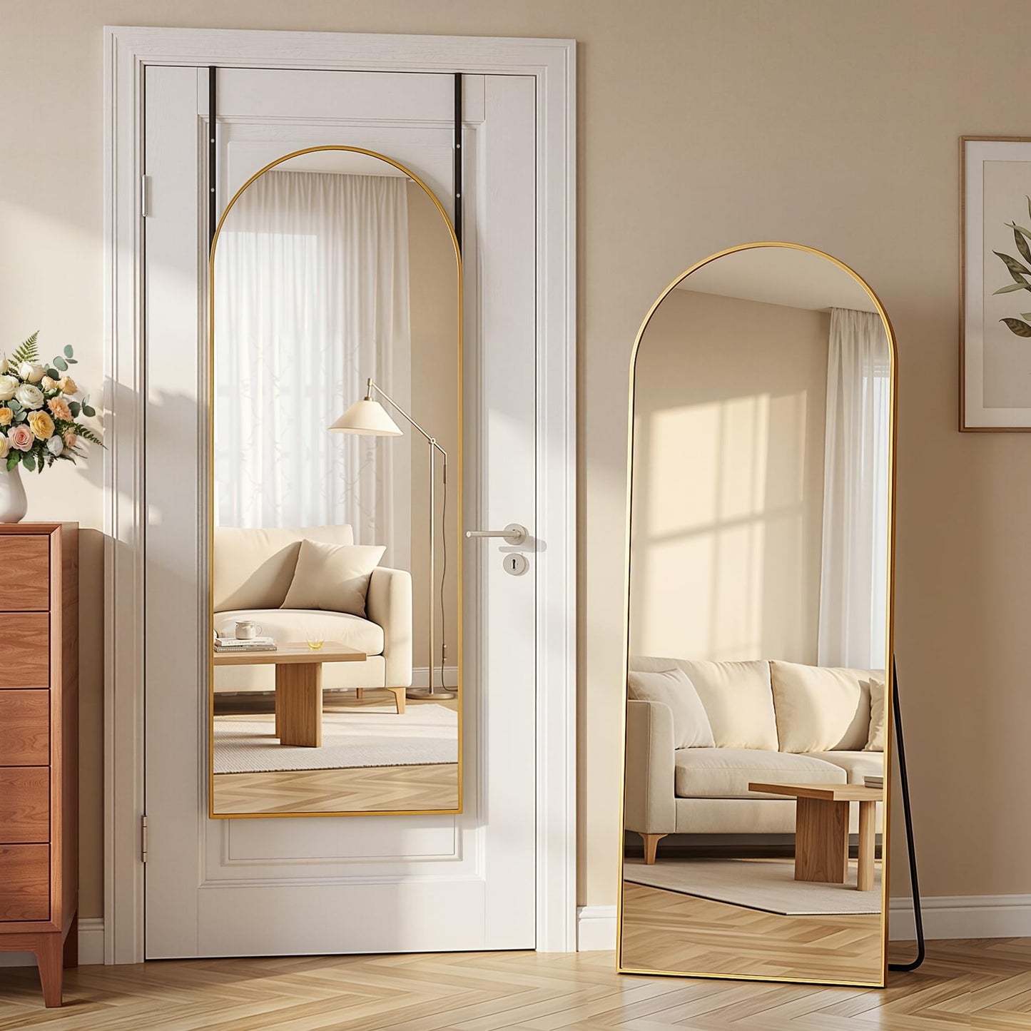 Homsion 58"x20" Over The Door Mirror, Arched Full Length Mirror with Aluminum Frame, Adjustable Hooks, Wall Mounted or Standing for Bedroom Living Room, Gold