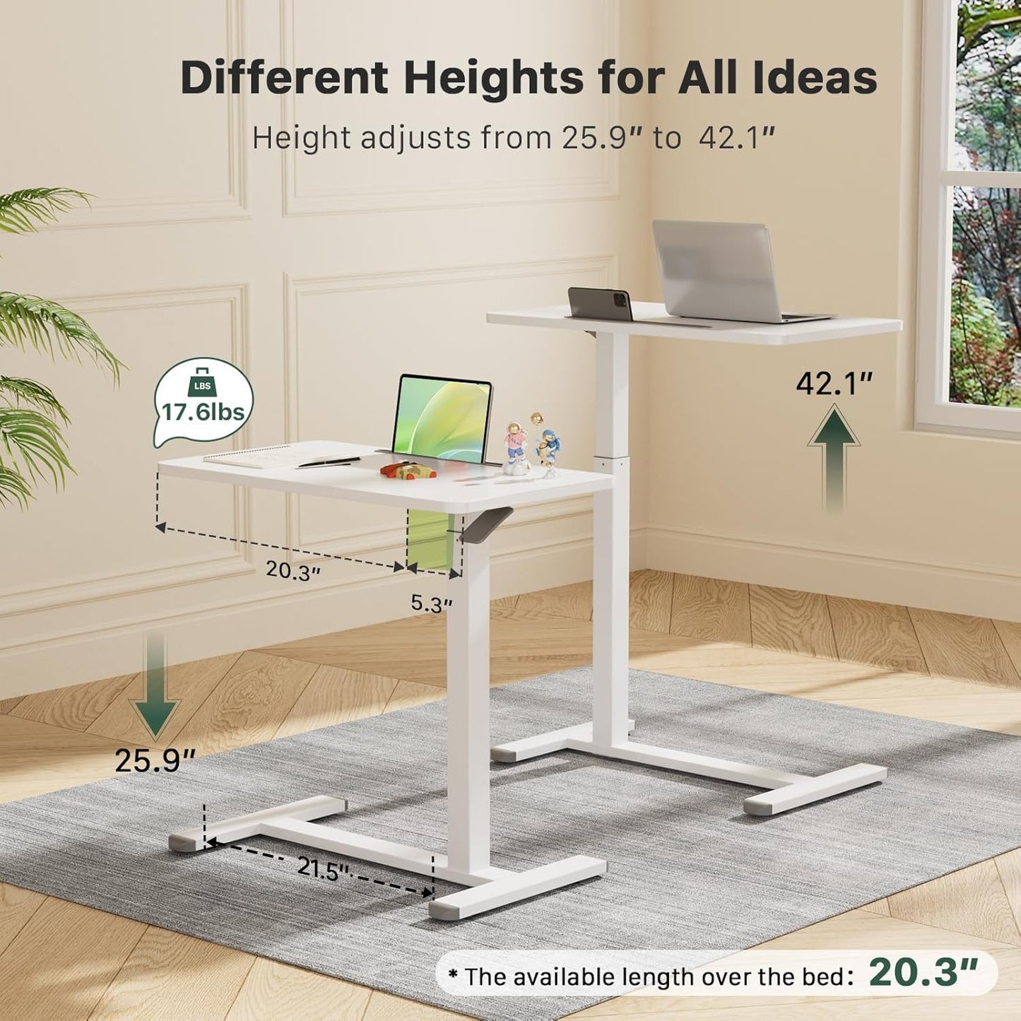 Gibbon Mounts Mobile Standing Desk, Pneumatic Adjustable Rolling Desk(27.5 Inches), Portable Laptop Desk with Wheels, Overbed Bedside Table Laptop Table for Couch, Home, Office, White