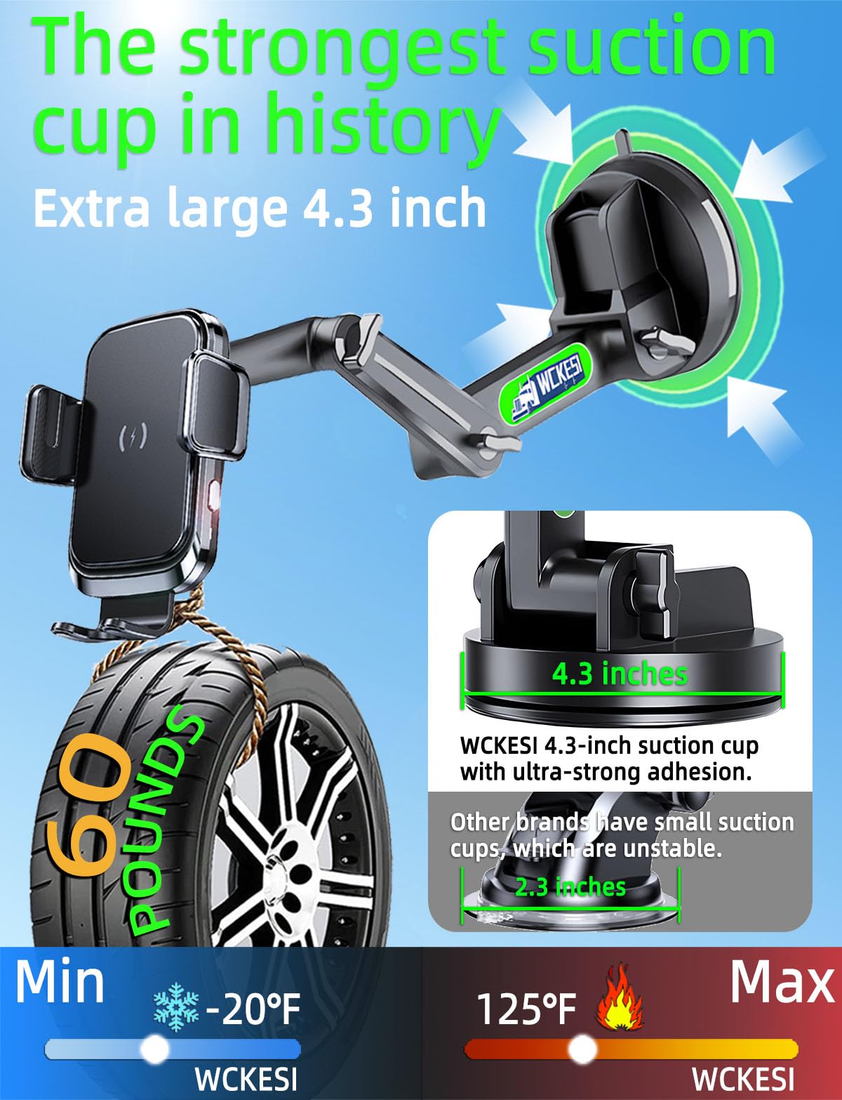 WCKESI Truck Phone Holder Mount Wireless Charger Heavy Duty for Car 15W Smart Fast Charging 14 inch Long Arm Pickup Truck Windshield and Dashboard,Truck Accessories,for iPhone Samsung LG