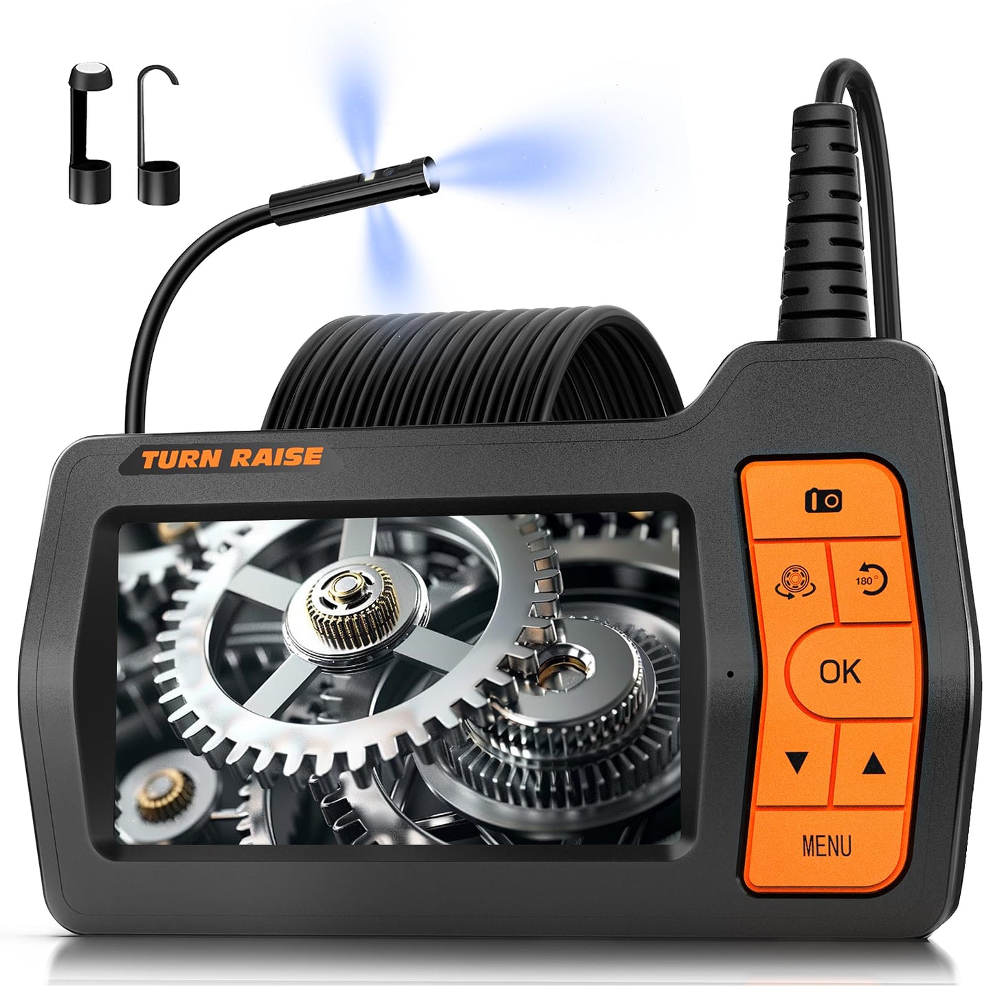 Triple Lens Inspection Drain Camera, 5" IPS Split Screen Borescope with Light & 32GB Card, 1080P HD Sewer Camera 16.5FT Semi-Rigid Cable, IP67 Plumbing Snake Endoscope Probe for HVAC + Case