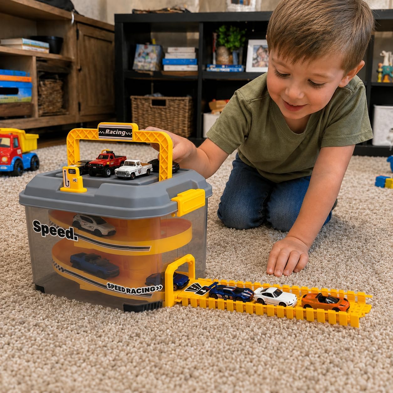 Toy Car Track Storage Playset - Toddler Toys for Ages 2-4, Toy Car Set with 12 Diecast Cars, PlayMat, Race Tracks, Car Ramp, Kids Birthyday Gift for 1 2 3 4 5 Year Old Boys