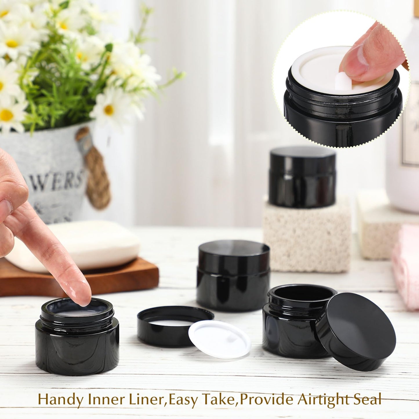 Domensi 60 Pcs 1oz Glass Jars with Lids Bulk Salve Tins Small Glass Candle Cosmetic Jars for Travel with Inner Liners Containers for Lotions Sample Cream(Black,Black Lid)