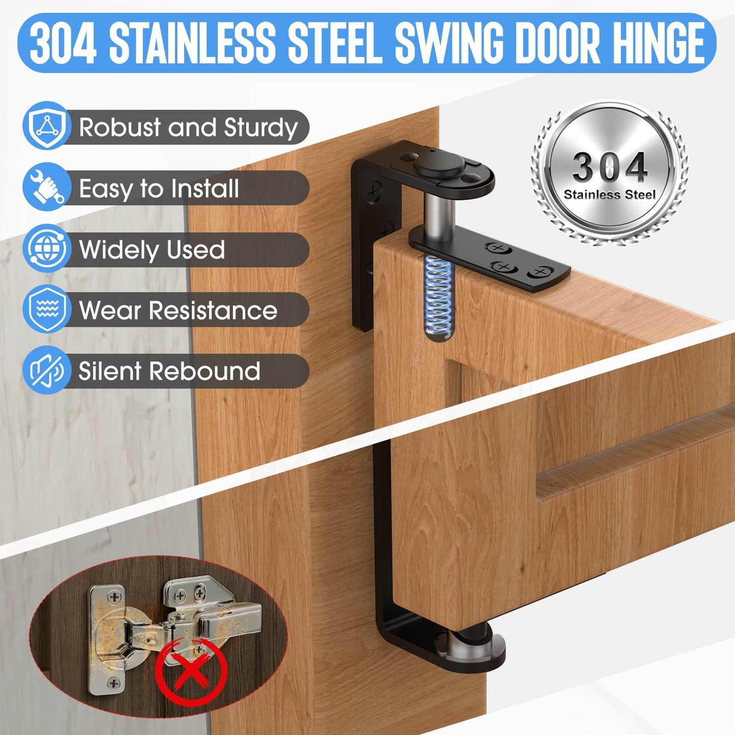 MeBantoo Heavy-Duty Self Closing Saloon Door Hinges, 304 Stainless Steel Self-Return Dual Swing Cafe Hinges for Bar, Patio Doors (4, Small)