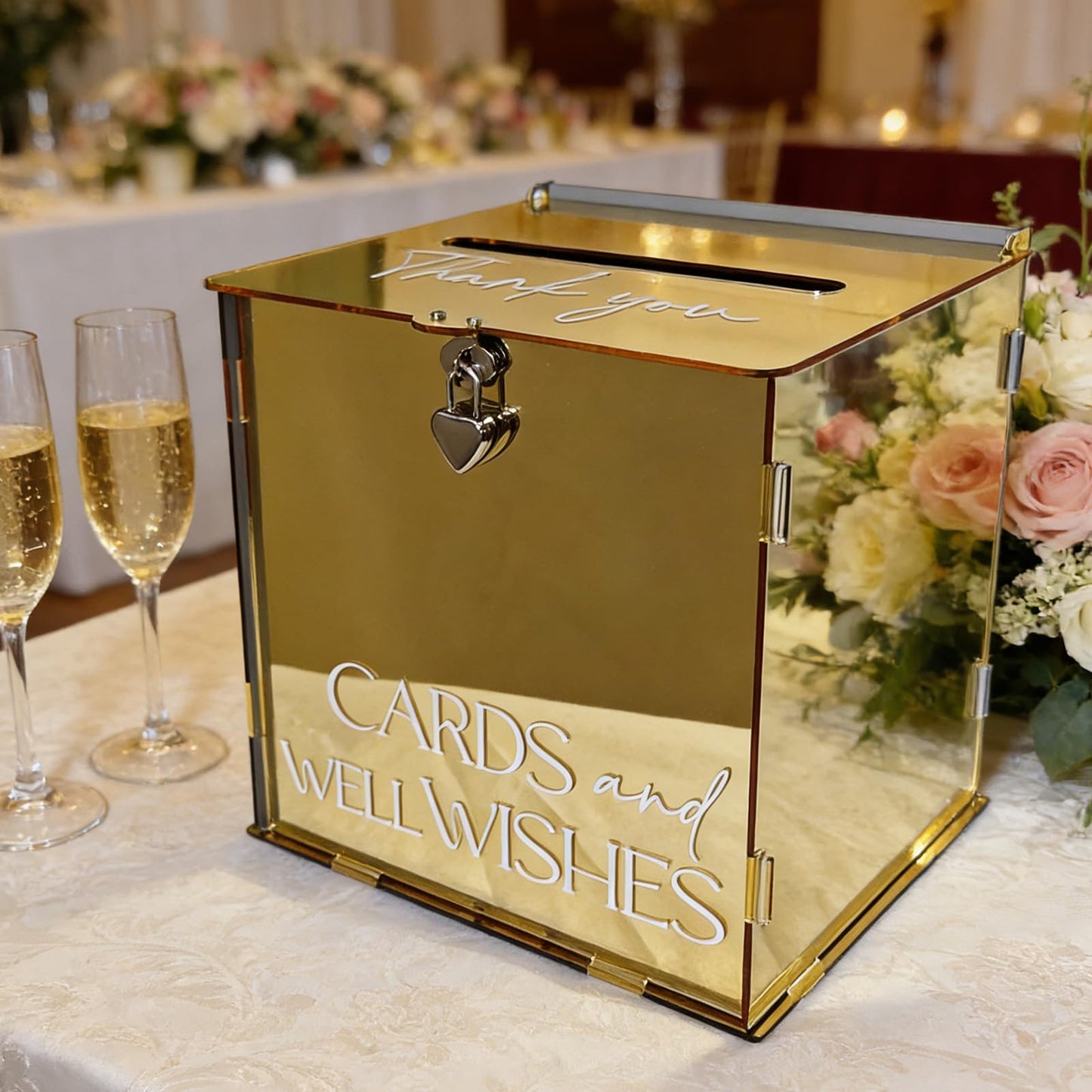 SOFARKKT Acrylic Gold Card Box with Lock & Slot, Metallic Golden Classy Wedding Card Boxes for Reception, Luxury Money Gift Cards Box for Party Engagement Bridal Shower Luxury Wedding Table Decor