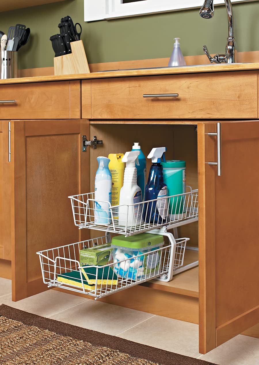ClosetMaid 11 in. Pull Out Cabinet Organizer, 2 Tier, Heavy Duty, Slide Out Pantry Shelves Drawers for Kitchen, Bathroom, White
