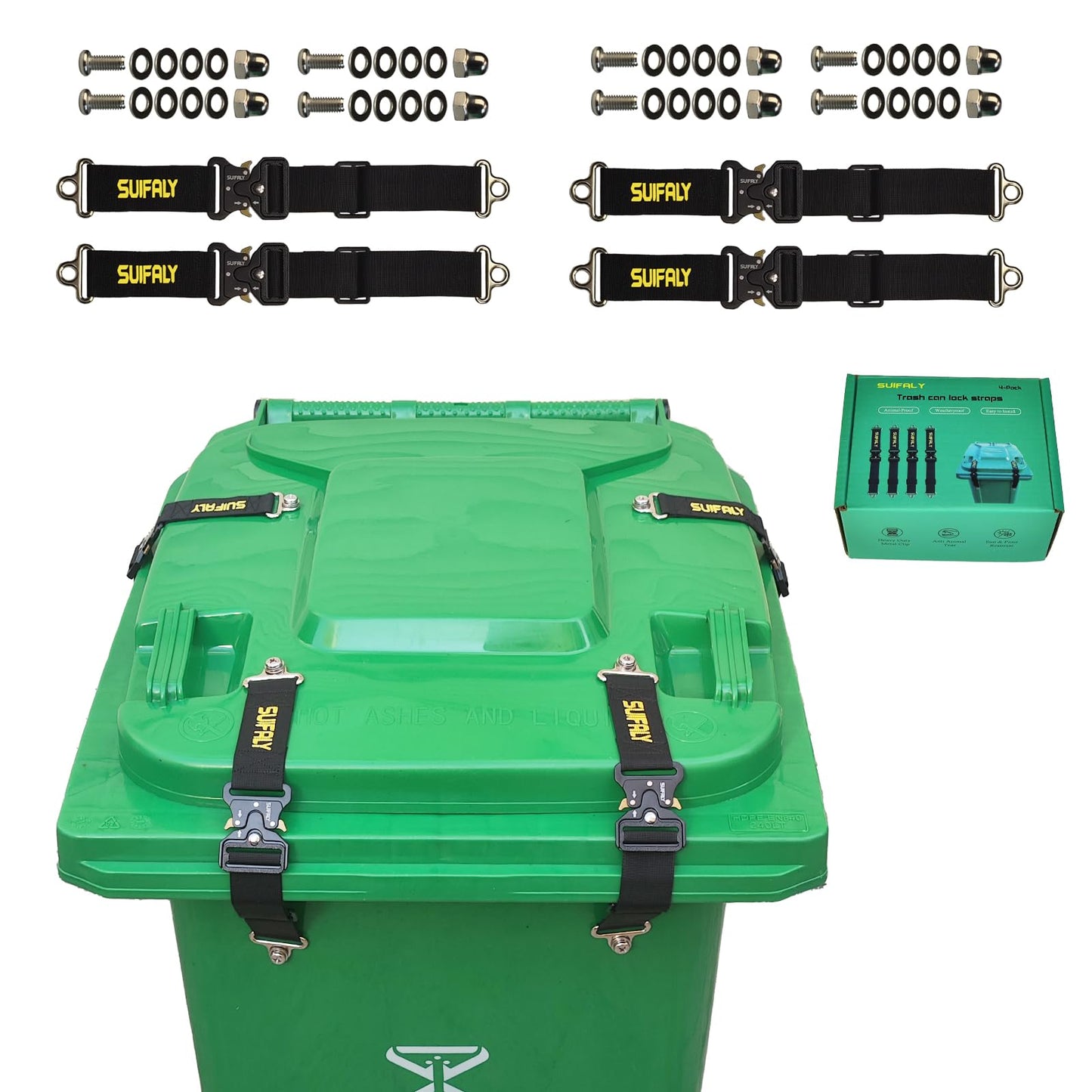 Bear Proof Trash Can Locks,Universal Animal-Proof Garbage Can Lid Straps Against Raccoons and Wildlife,Adjustable Heavy Duty Security Strap for 28-96 Gallon Outdoor Bins (4 PCS)