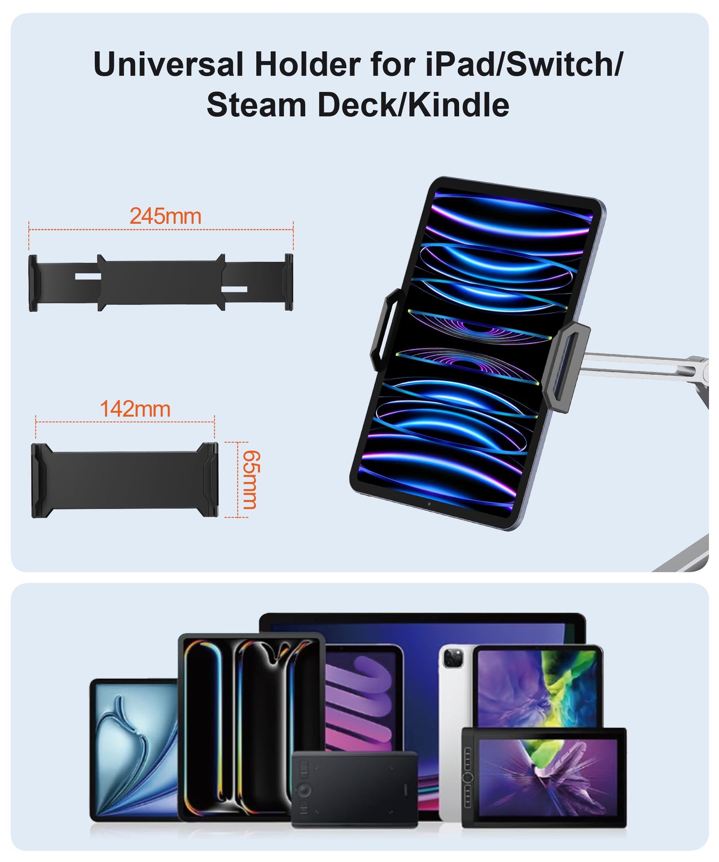 YICOSUN Tablet Arm Mount with Super Grip, Adjustable Foldable Holder & Heavy Duty Aluminum 360° Rotating Clamp for iPad, Phone, Monitor, Kindle - Universal for Desk, Bed, Kitchen - Silver