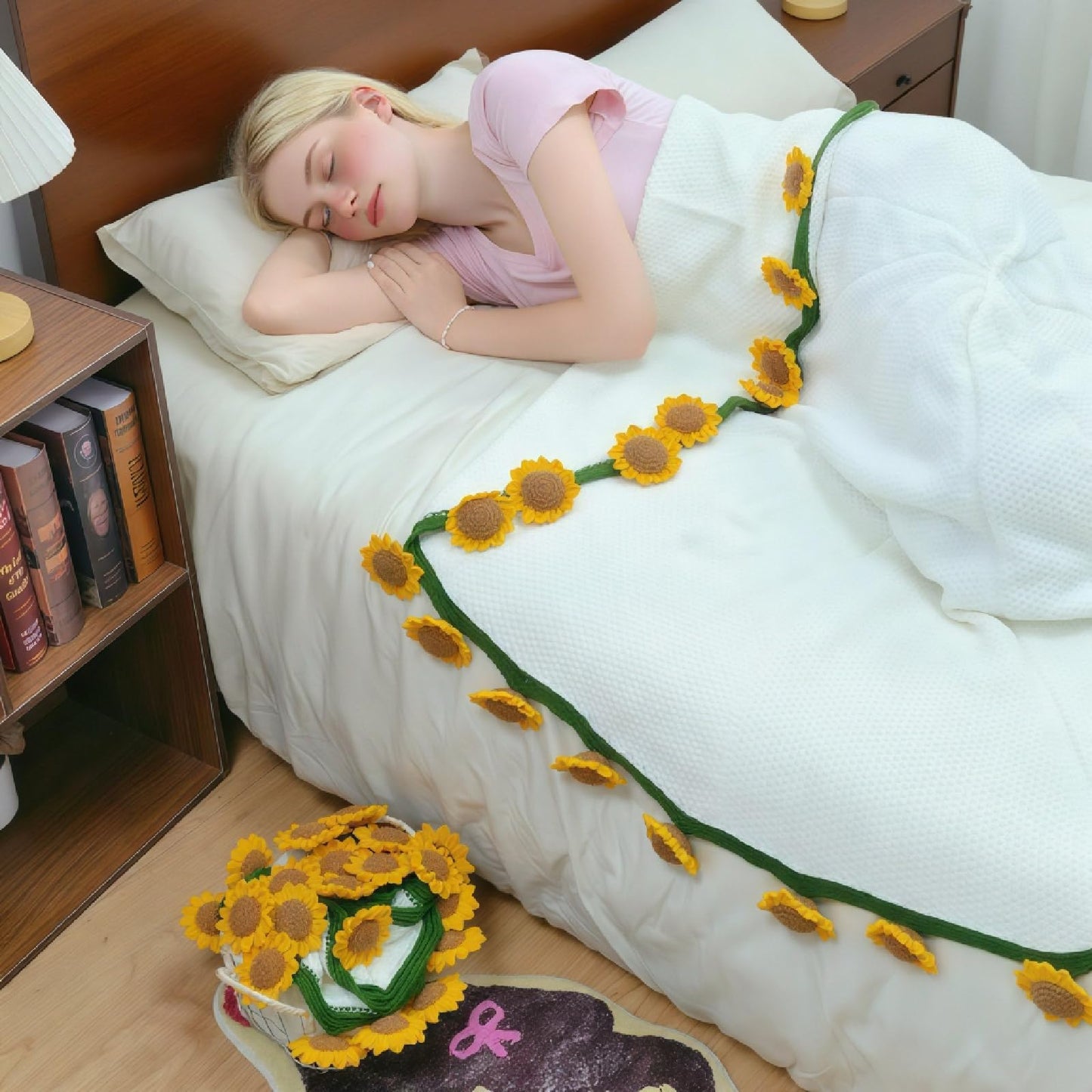 SoffMoiis Crochet Sunflower Bouquet Blanket, Handmade Flower Blankets, 59 Inch Round Floral Knitted Gifts for Mother's Day, Birthday, Teacher, Friend, Home Decor, Sofa（Finished Product）