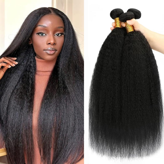 CYIKLI 12 14 16 Kinky Straight Bundles Human Hair Yaki Straight 3 Bundles 100% Unprocessed Brazilian Virgin Remy Hair Natural Black Color