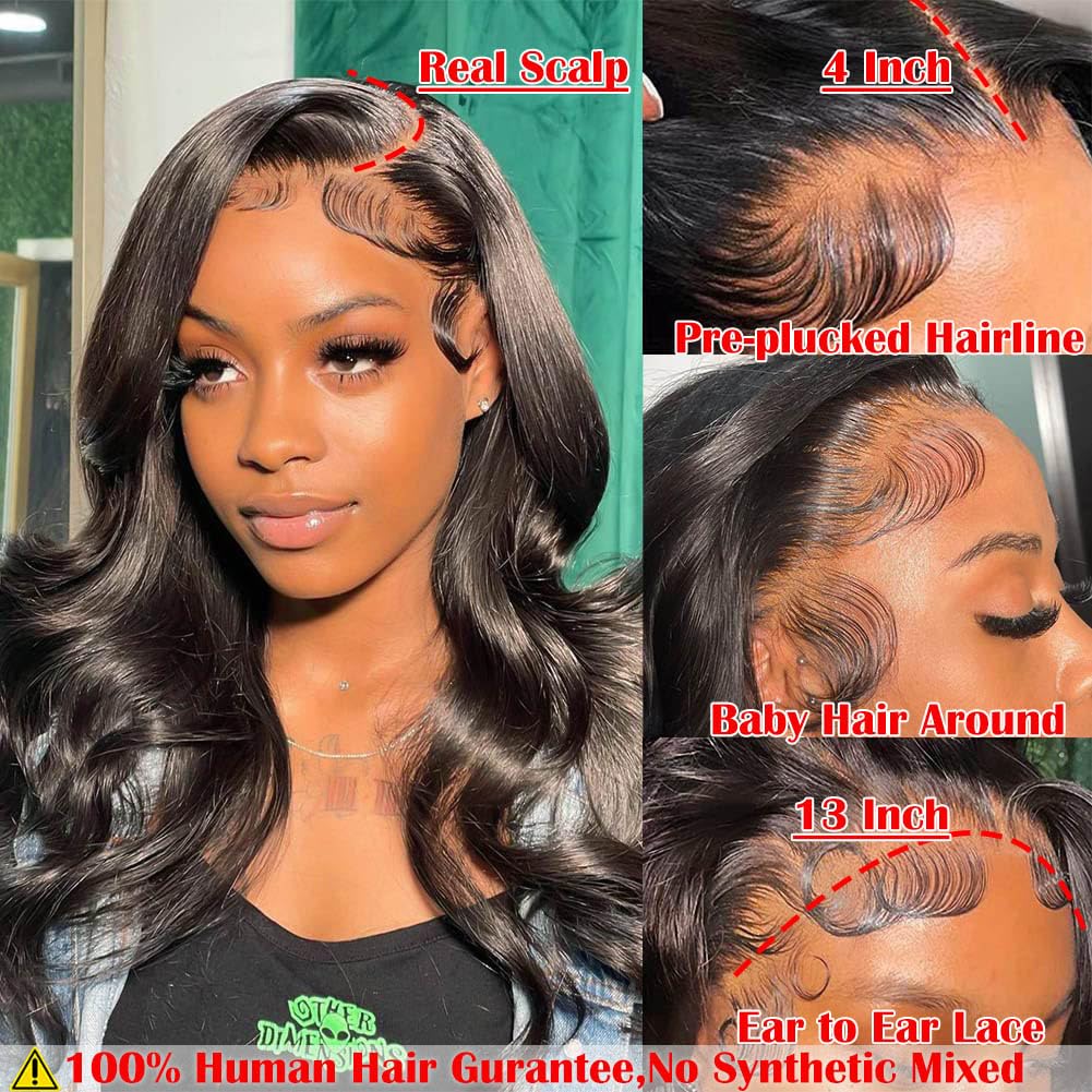 Body Wave Lace Front Wigs Human Hair Pre Plucked 13x4 HD Transparent Lace Frontal Wig with Baby Hair 180% Density 9A Glueless Brazilian Virgin Human Hair Lace Front Wigs for Women Natural Black 22Inch
