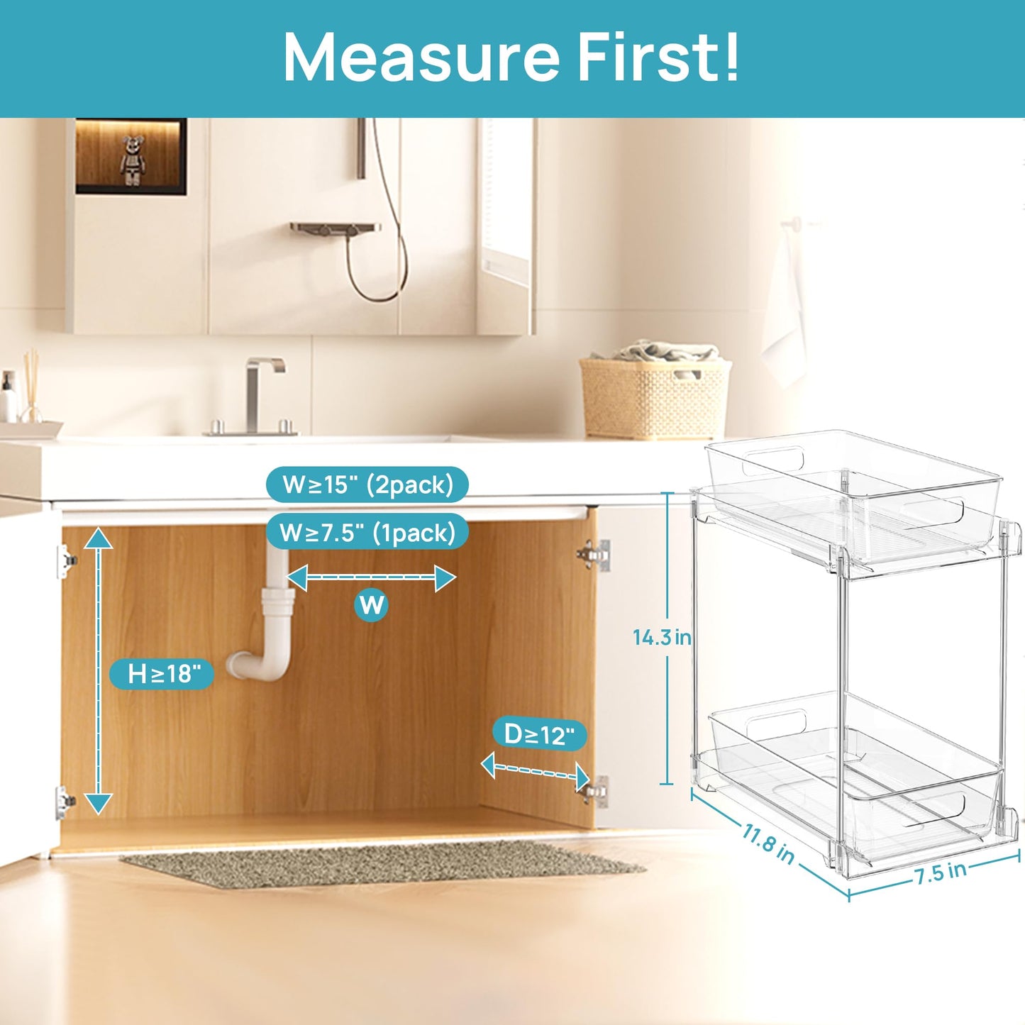 Vtopmart 4 Pack Higher Bathroom Organizer, 2 Tier White Under Sink Organizers Vanity Countertop Storage Container,Cabinet Drawers Bins, Pull-Out Organization with Track for Pantry, Kitchen