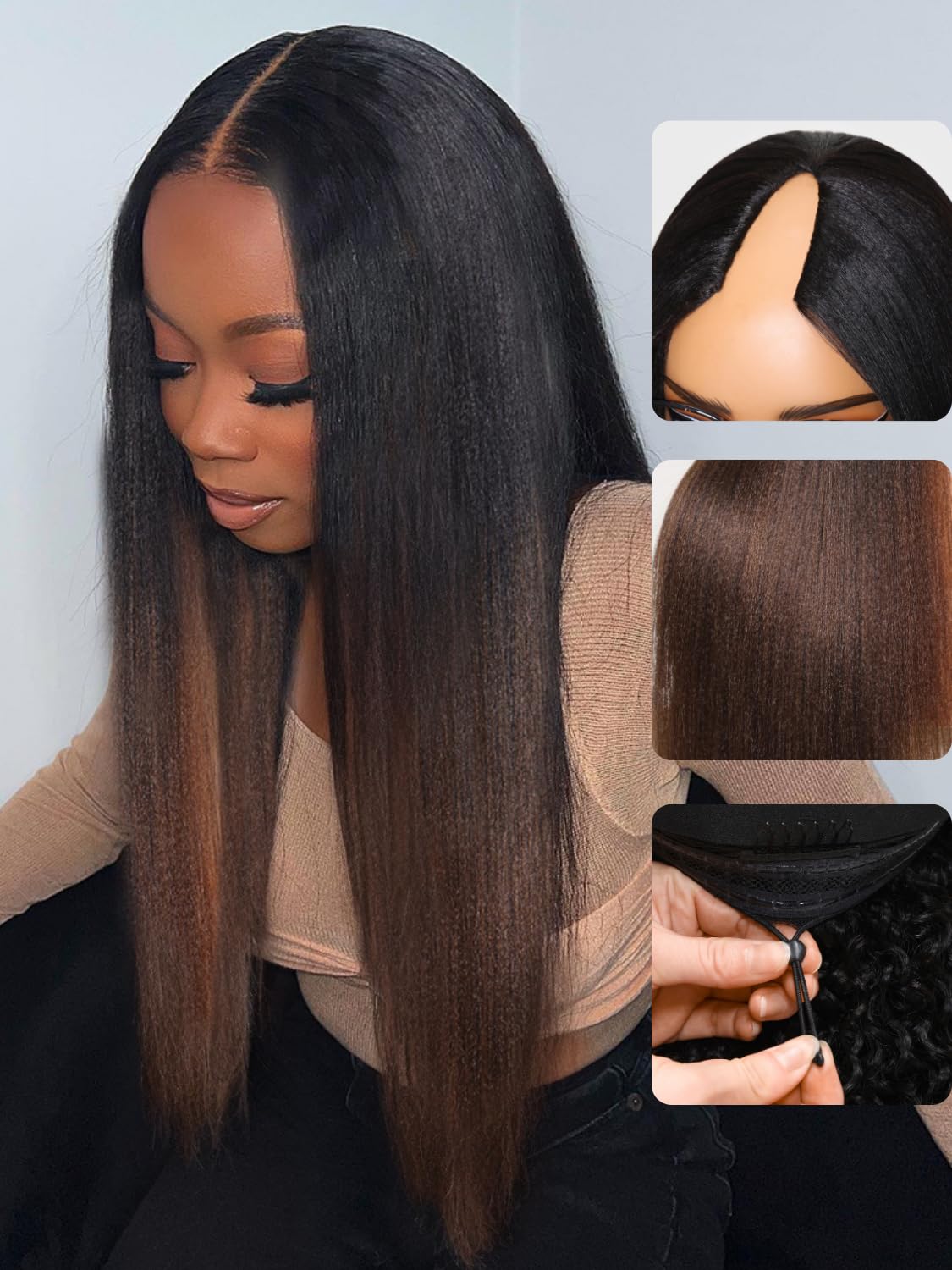Nadula V Part Yaki Straight Glueless Wig Human Hair Balayage Brown Upgraded U Part Wigs, Highlight Straight V-part Wigs V Shape Clip in Half Wig No Glue Wear and Go No Leave Out 16inch
