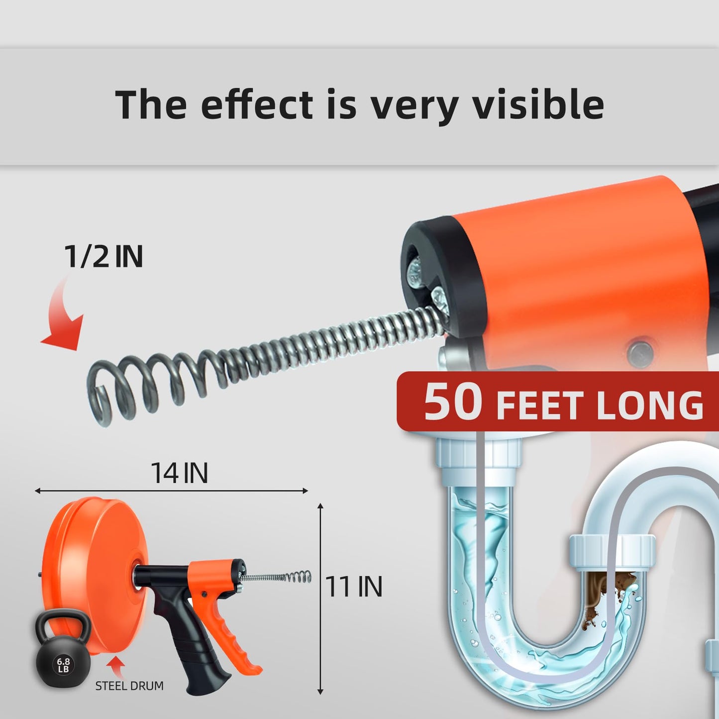 50FT Drain Snake Auger [1/4inch]- Manual or Drill Powered AUTO FEED- Flexible & Powerful 50 Feet Plumbing Snake for Kitchen, Shower & All Drains- Snake Drain Hair Remover Tool with Gloves, Storage Bag