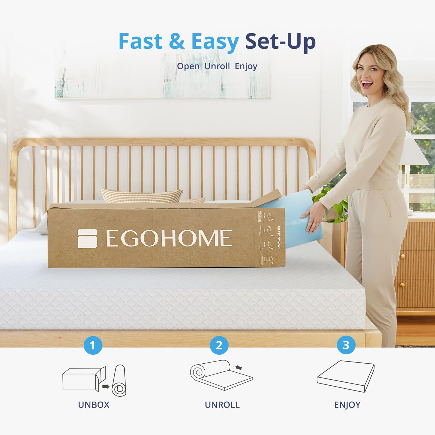 EGOHOME 3 Inch Queen Memory Foam Mattress Topper, Cooling Gel Infused & Pressure Relieving Pad in a Box, Dorm Room Essentials, CertiPUR Certified, Blue
