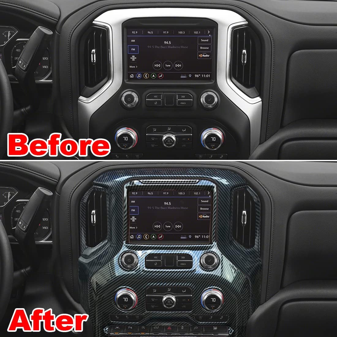 ruihe ‌Carbon Fiber Color Radio & Navigation Control Panel Cover Trim for 2019-2025 GMC Sierra/Chevy Silverado 1500/2500HD/3500HD - ABS Plastic Dash Frame Upgrade (High Version)