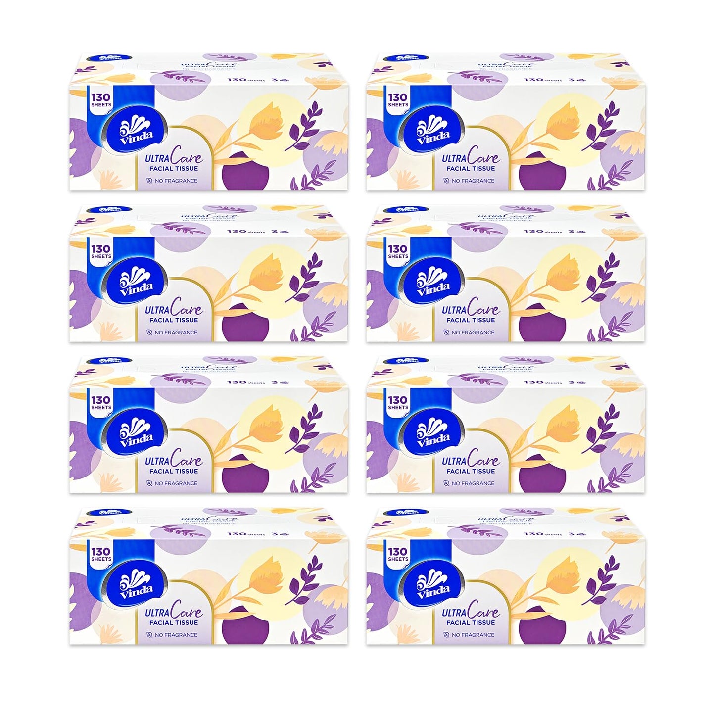 Vinda Premium Soft 3-Ply Ultra Care Facial Tissues, 130 Count Each Box (8 Flat Boxes), Strong & Gentle for Sensitive Skin, Perfect for Home & Office