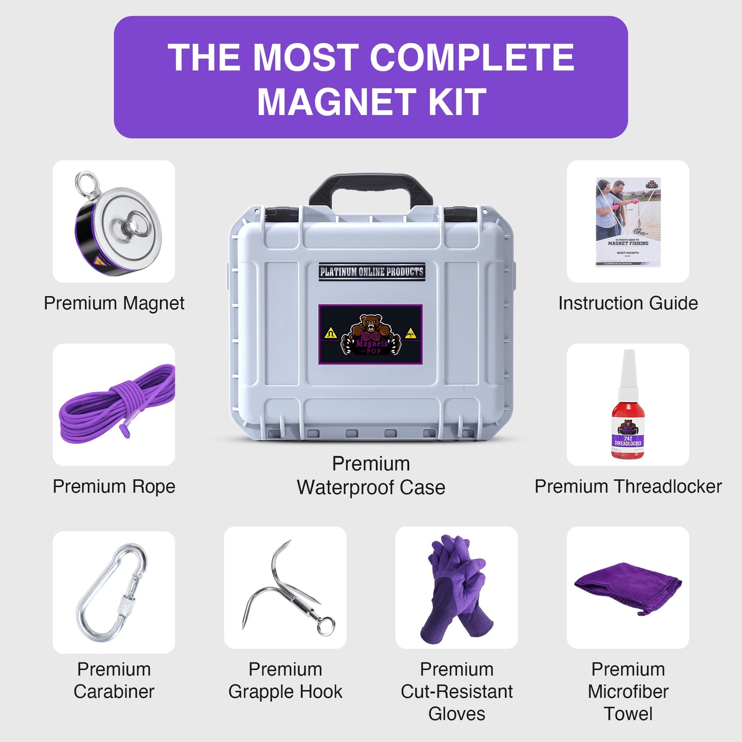 2600LB’s Complete Magnet Fishing Kit | Double Sided Fishing Magnet Kit with Case | Includes Strong Neodymium N52 Magnets, Durable 65ft Rope, Carabiner, Gloves, Grappling Hook & Carry Case