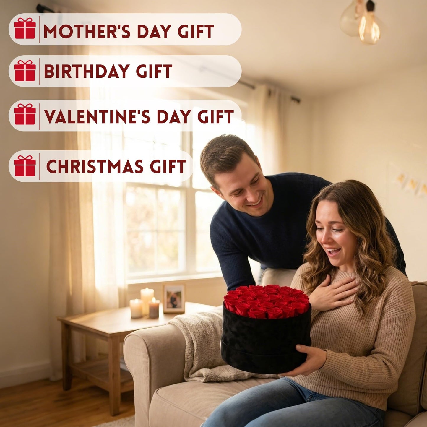 27 Forever Preserved Roses in a Box, Forever Gift for Women, Flowers in a Luxury Suede Container, Birthday Preserved Flowers for Mom, Mothers Day Red Rose Box