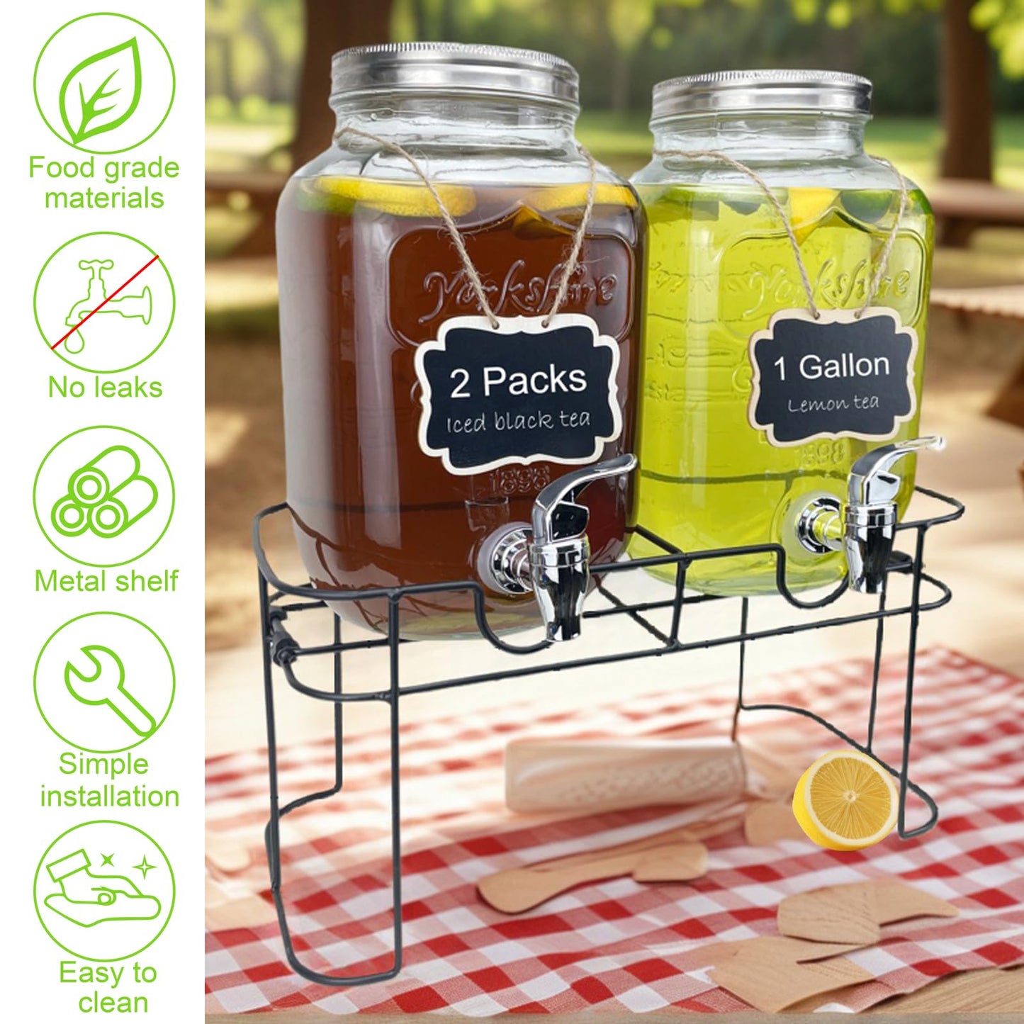 1 Gallon Glass Drink Dispenser for Parties, 2 Packs Juice Lemonade Ice Tea Water Dispenser with Stand, HENABLE Beverage Dispensers with Spigot for BBQ, Picnic, Party