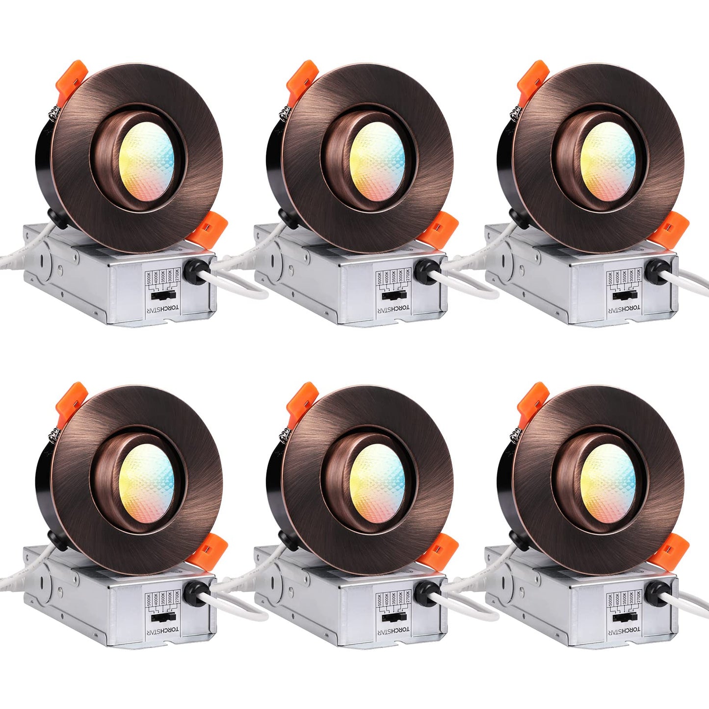 TORCHSTAR 5CCT 3 Inch Gimbal LED Recessed Light, CRI90+ Dimmable Swivel Adjustable Eyeball Downlight, Airtight IC, 2700K3000K3500K4000K5000K, Canless LED Ceiling Light, Oil Rubbed, Pack of 6