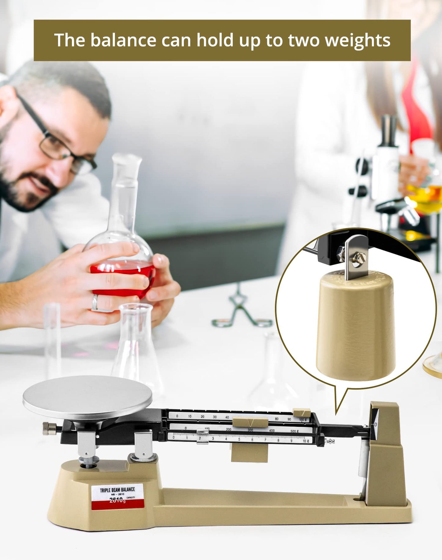 QWORK Triple Beam Mechanical Balance, 2610g/0.1g Lab Analytical Weight Set, Triple Beam Scale with Zero Adjustment Knob, No Need Battery