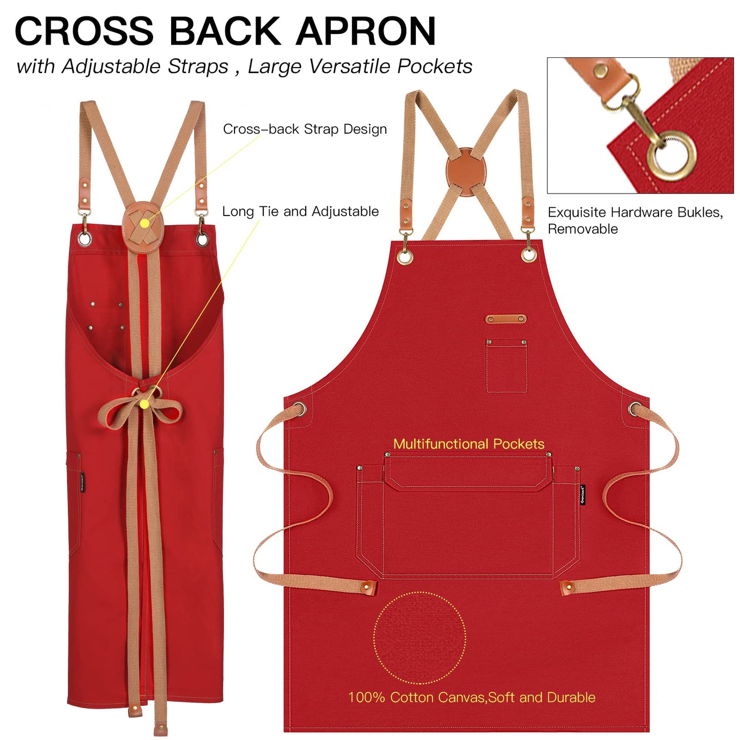 Genixart 6 Bulk Pack Chef Apron for Men Women with Pockets, Cross Back Apron for Kitchen Cooking Baking Artist Painting, Cotton Canvas Work Aprons for Restaurant, Cafe Shop, Garden (Red, M to XXL)