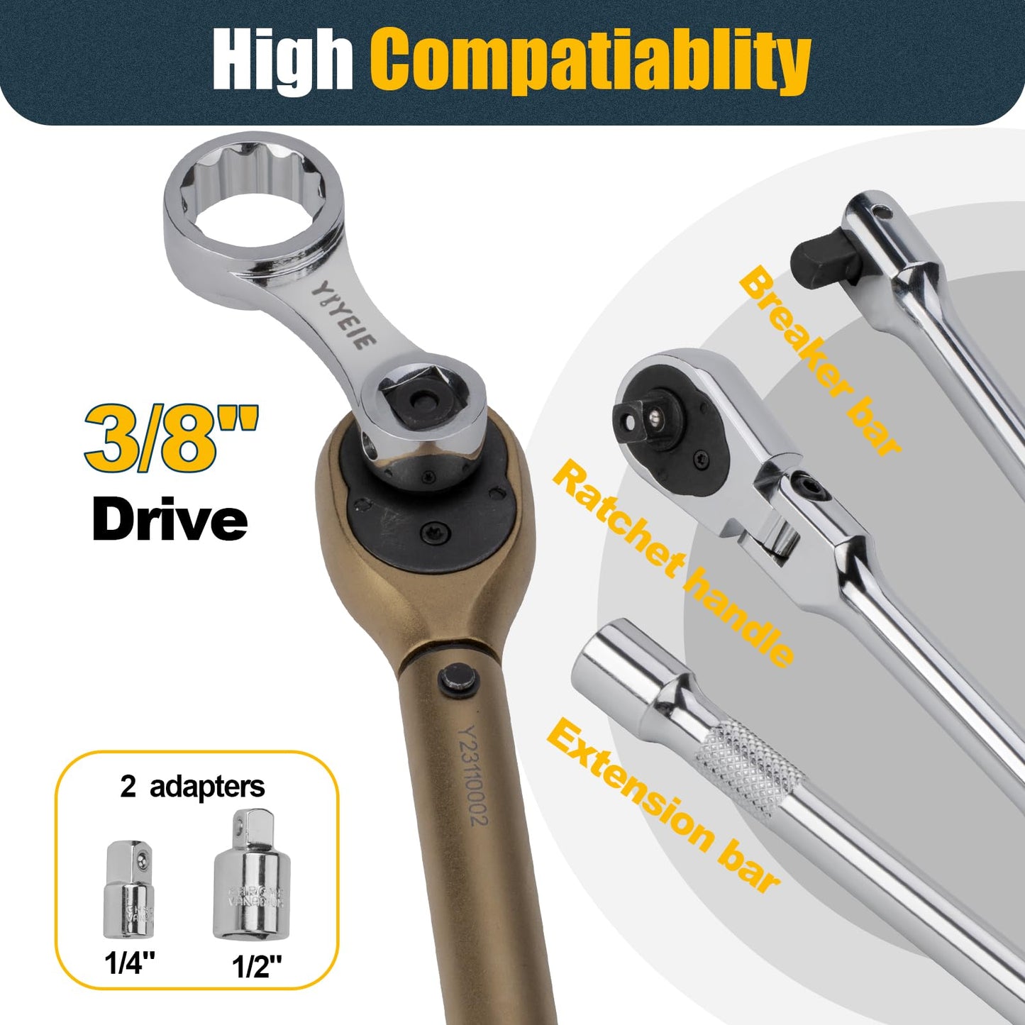YIYEIE 12PCS Torque Adapter Set SAE, 5/16", 3/8", 7/16", 1/2", 9/16", 5/8", 11/16", 3/4", 13/16", 7/8", 3/8" Drive Torque Wrench Adapter, 12 Point Torque Extender Adapter with 1/2" + 1/4" Adapter
