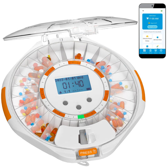 Adamson TimelyMed Smart Pill Dispenser with Alarm - WiFi App Monitoring - 28-Day Automatic Medicine Dispenser for Elderly & Alzheimer’s Care - Lock Key - New Version