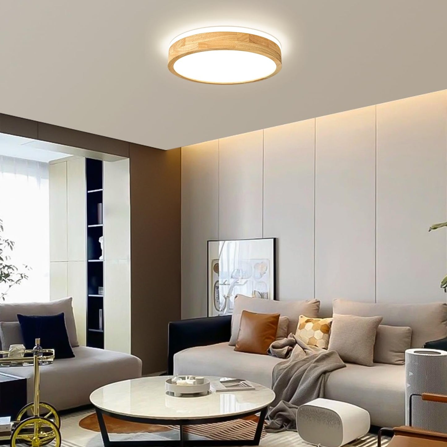 Pevfah Modern Dimmable Wood Flush Mount Ceiling Light, 2700K-6000K 5CCT Round Close to Ceiling Lighting Fixtures, Minimalist LED Ceiling Lamp for Bedroom, Kitchen, Hallway, Living Room-15.74in