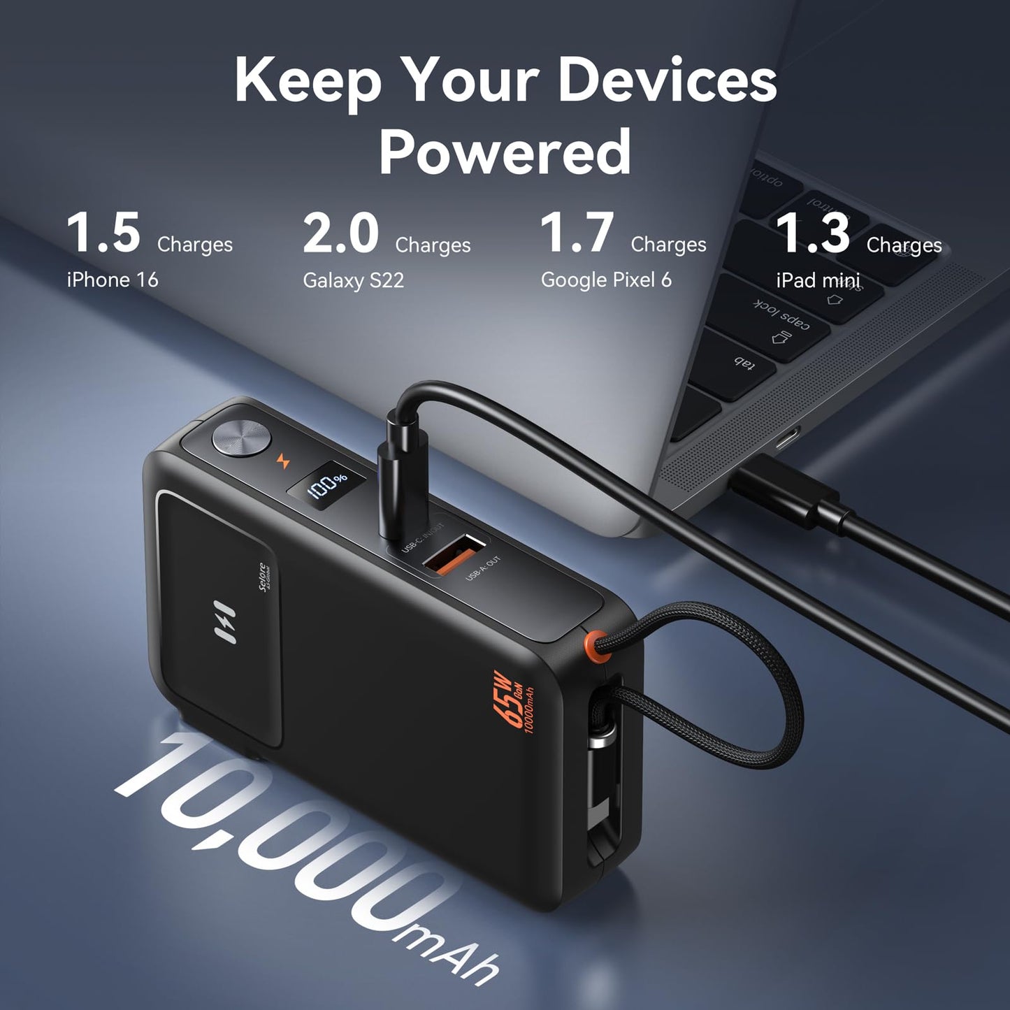 3-in-1 Portable iPhone Charger with 65W AC Wall Plug, 10,000mAh Power Bank with 35W Built-in USB-C Cable, LED Display Battery Pack Fast Charging Compatible with iPhone, iPad, MacBook, Laptop