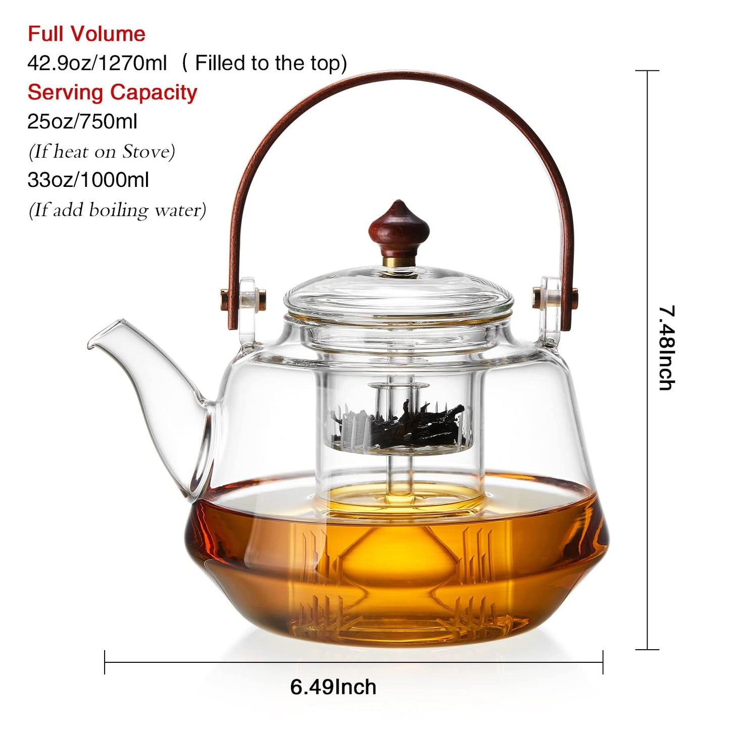 DOPUDO 40oz Glass Teapot with Anti-Drip Spout, Peach Wood Handle and Lid, Heat-Resistant Borosilicate Glass, Dual Infusers for Steaming and Boiling
