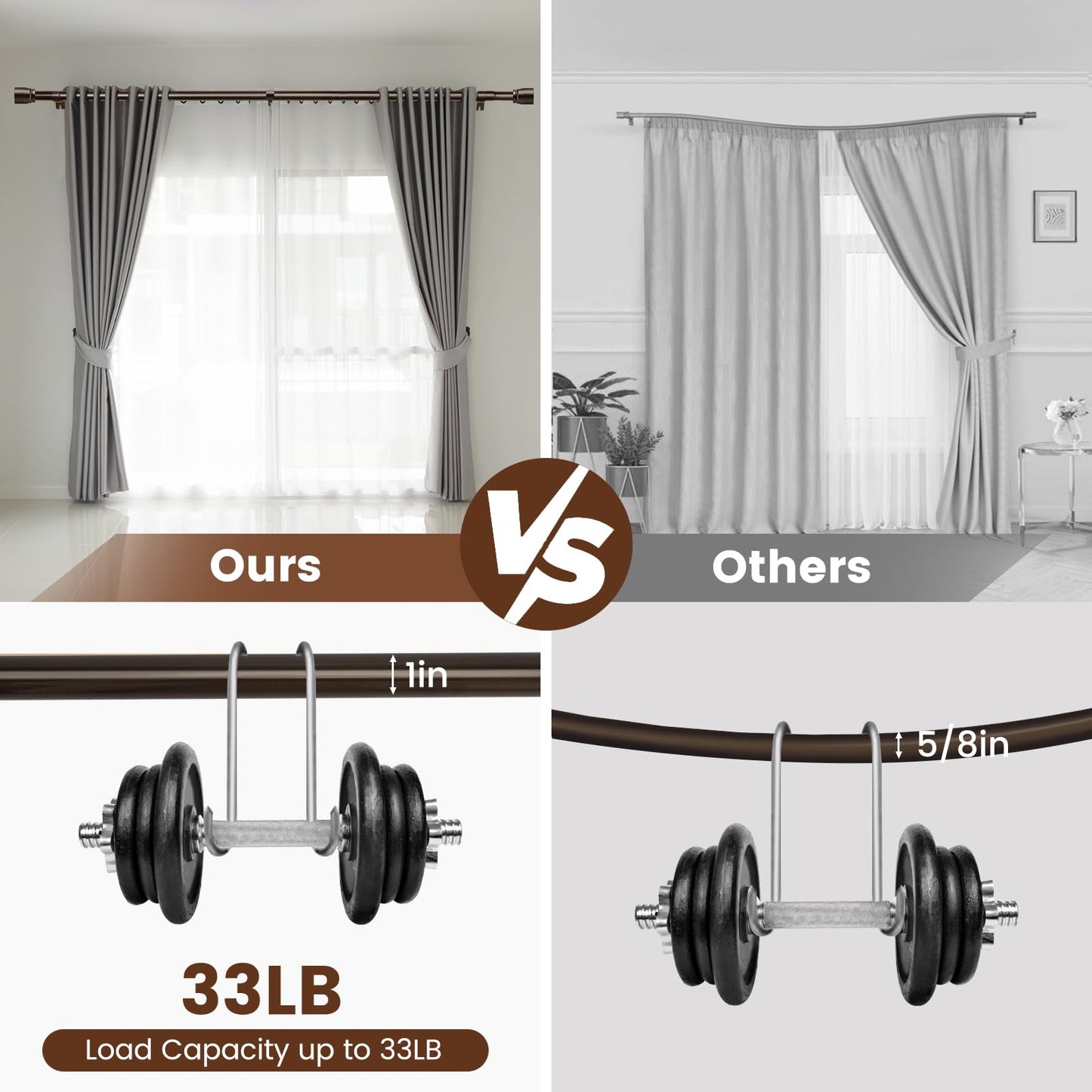 2 PACK 1” Diameter brown curtain rod Itself is 30 to 144 inch. 1 Pack Fits 30-142 inch, 66 to 120 inch Windows with Heavy Duty Adjustable brown curtain rods Splicing Metal Extra Long Curtain Rod