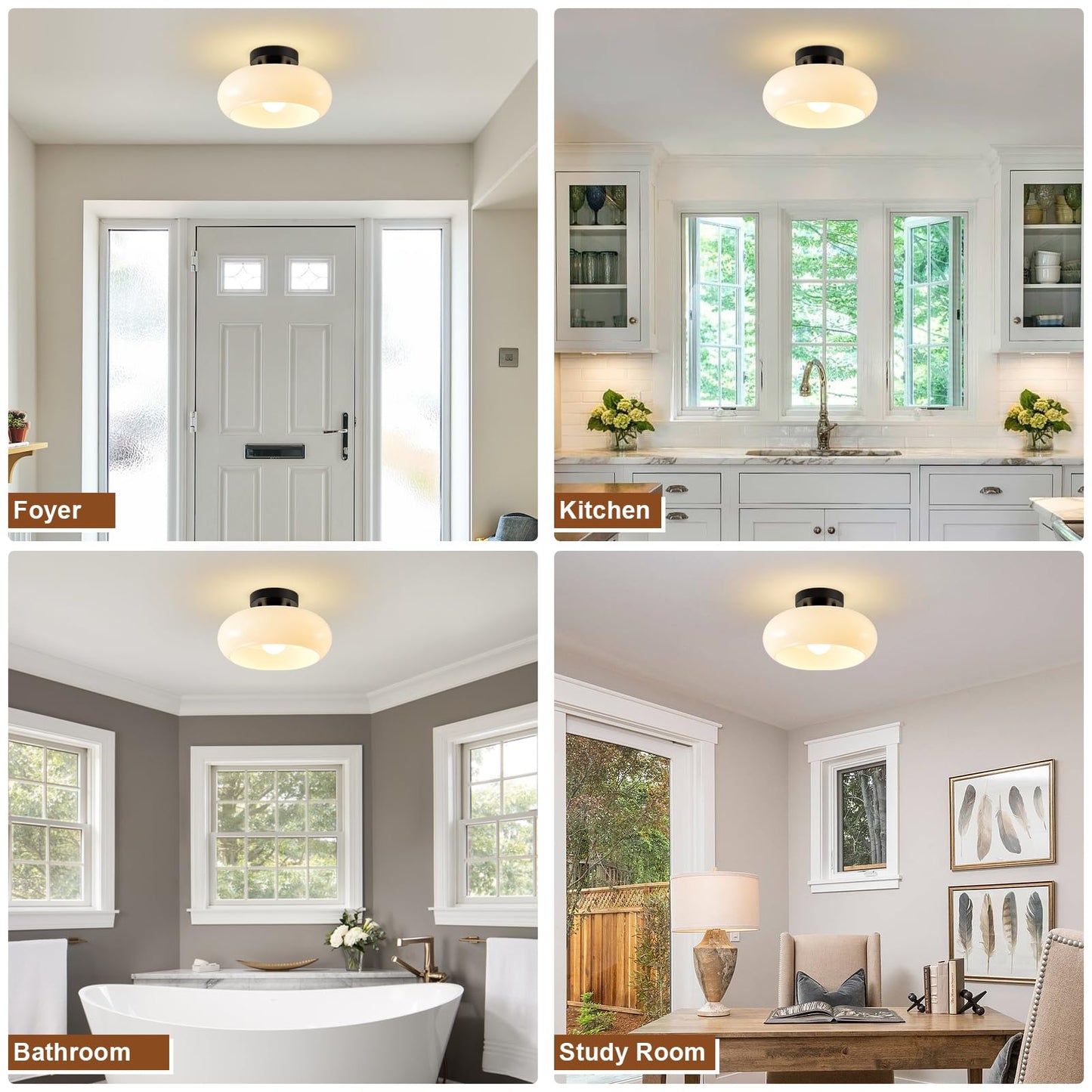 WOKNOS Mid-Century Modern Semi Flush Mount Ceiling Light, Metal Kitchen Light Fixture with Glass Shade,Vintage White and Black Colse to Ceiling Lamp for Entryway Hallway Bathroom (11.0 Inch)