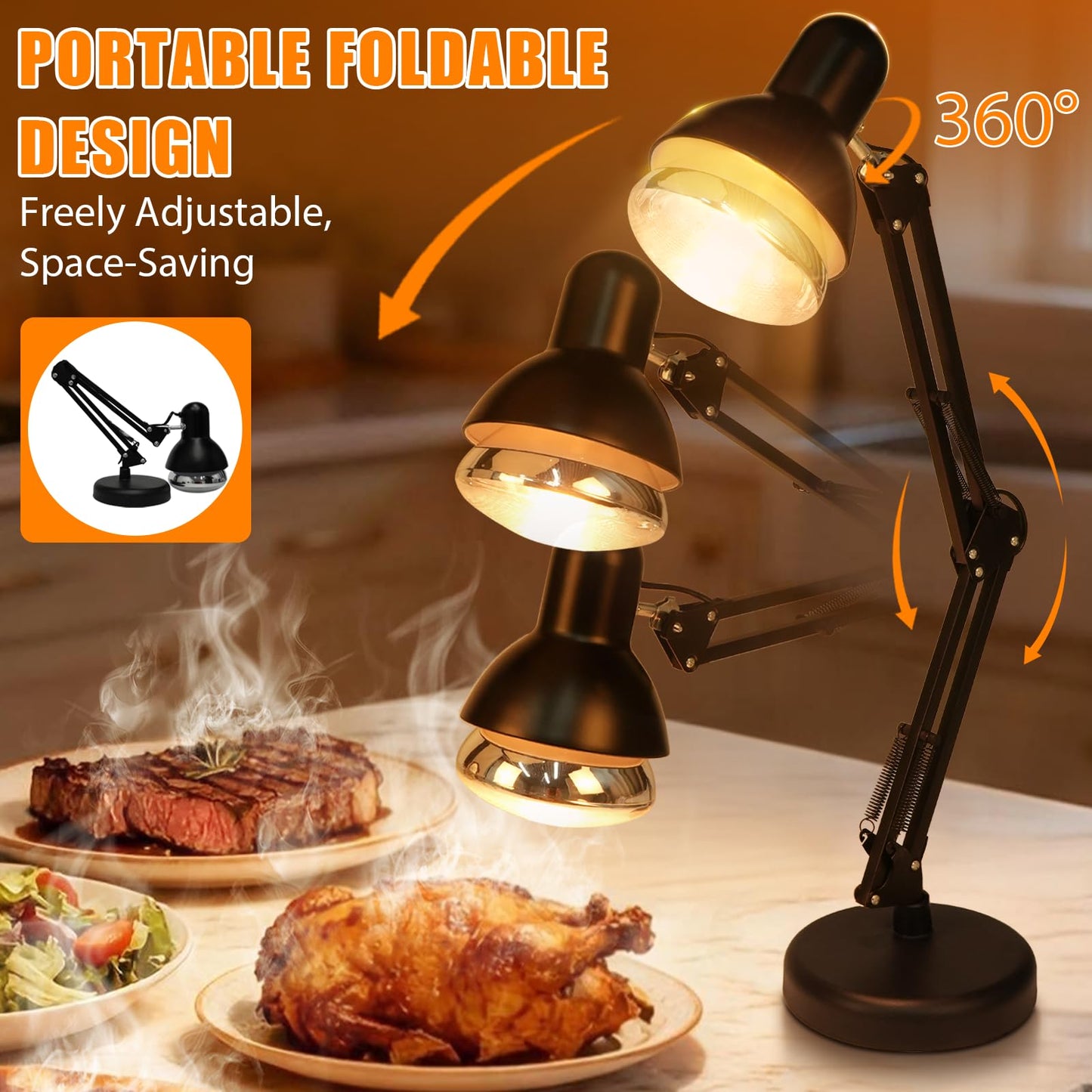 Portable Food Heat Lamp - [Foldable Design] [3S Quickly Heating] Food Warmer Light, Commercial Heat Lamp for Food, Catering Warming Lamp for Parties, Buffet, Pizza, Chocolate (Black)