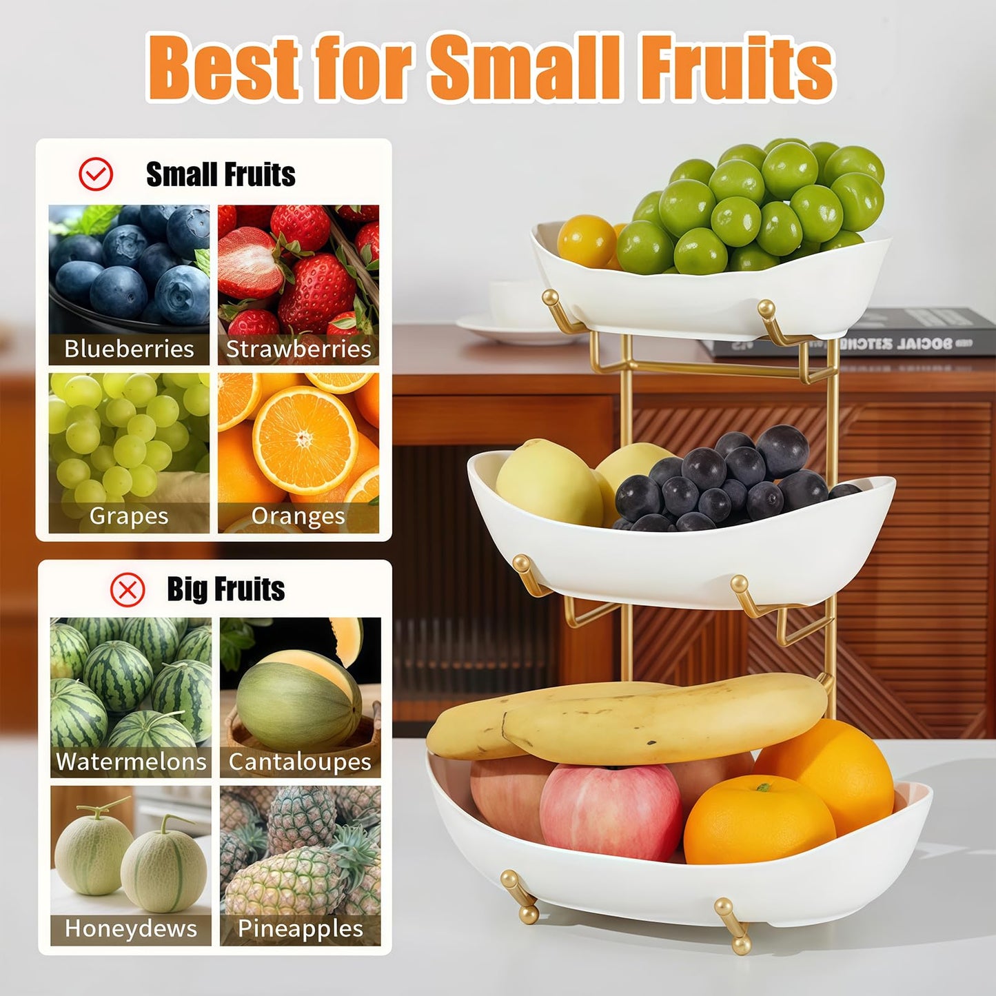 HOMKULA Ceramic Fruit Bowl for Kitchen Counter - 3 Tier Fruit Basket with Metal Stand, Tiered Fruit Stand for Countertop, Snack, Nuts, Cake, Dessert, Cute (Gold, Large)