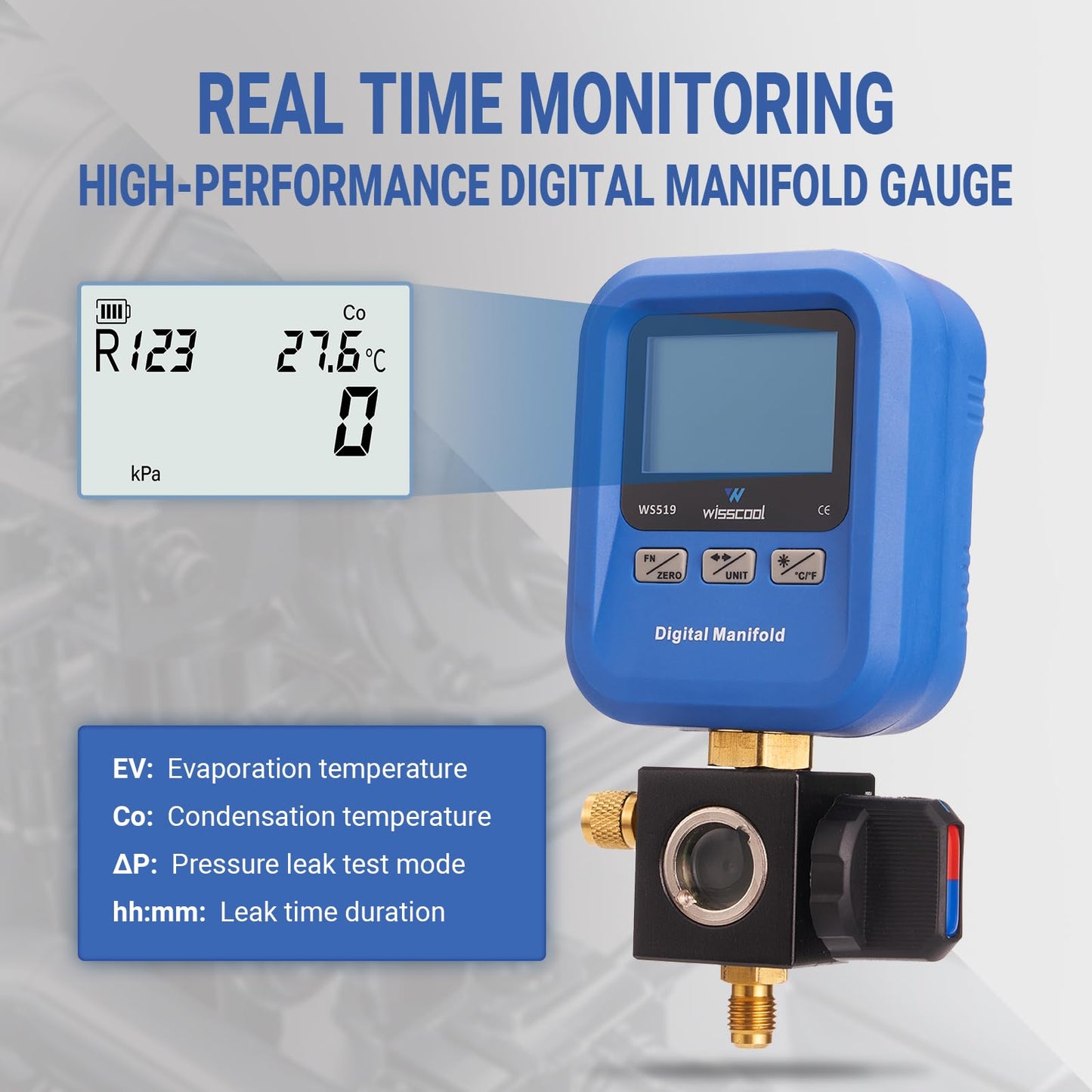 WISSCOOL Digital Gauges HVAC, R12,R22,R134A,R410,R502,R1234y Vacuum Pressure Manifold Gauge Set with LCD Sight Glass 22 Refrigerants Leak Detection Single Test Gauge for AC Charging (Blue)