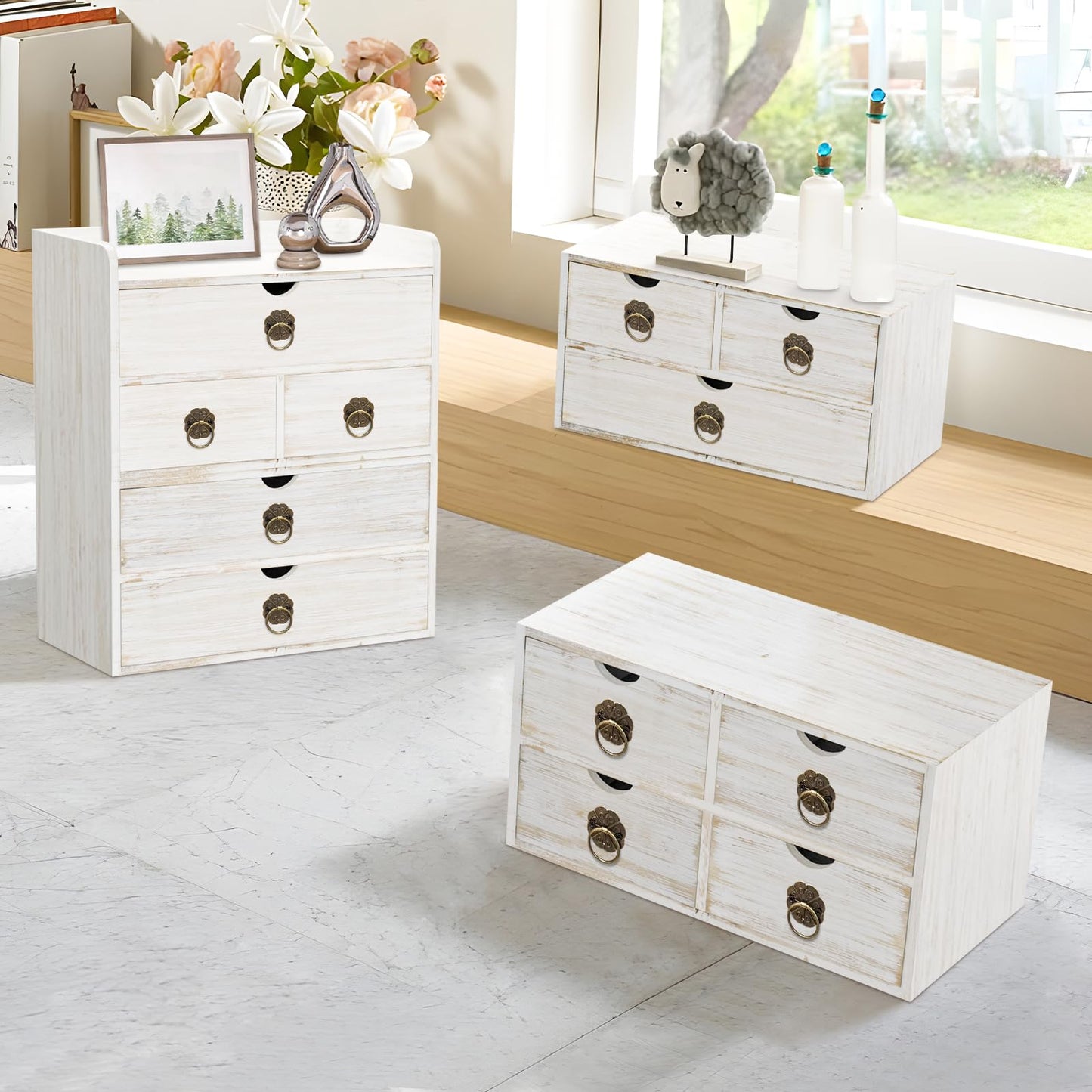 SeekElegant Wood Desk Organizer with Drawer, White Wooden Desktop Organizer, Tabletop Storage Organization Box for Countertop, Home Office Supplies, 13.5x6.6x8.2 Inch(3 Drawer and Shelf)