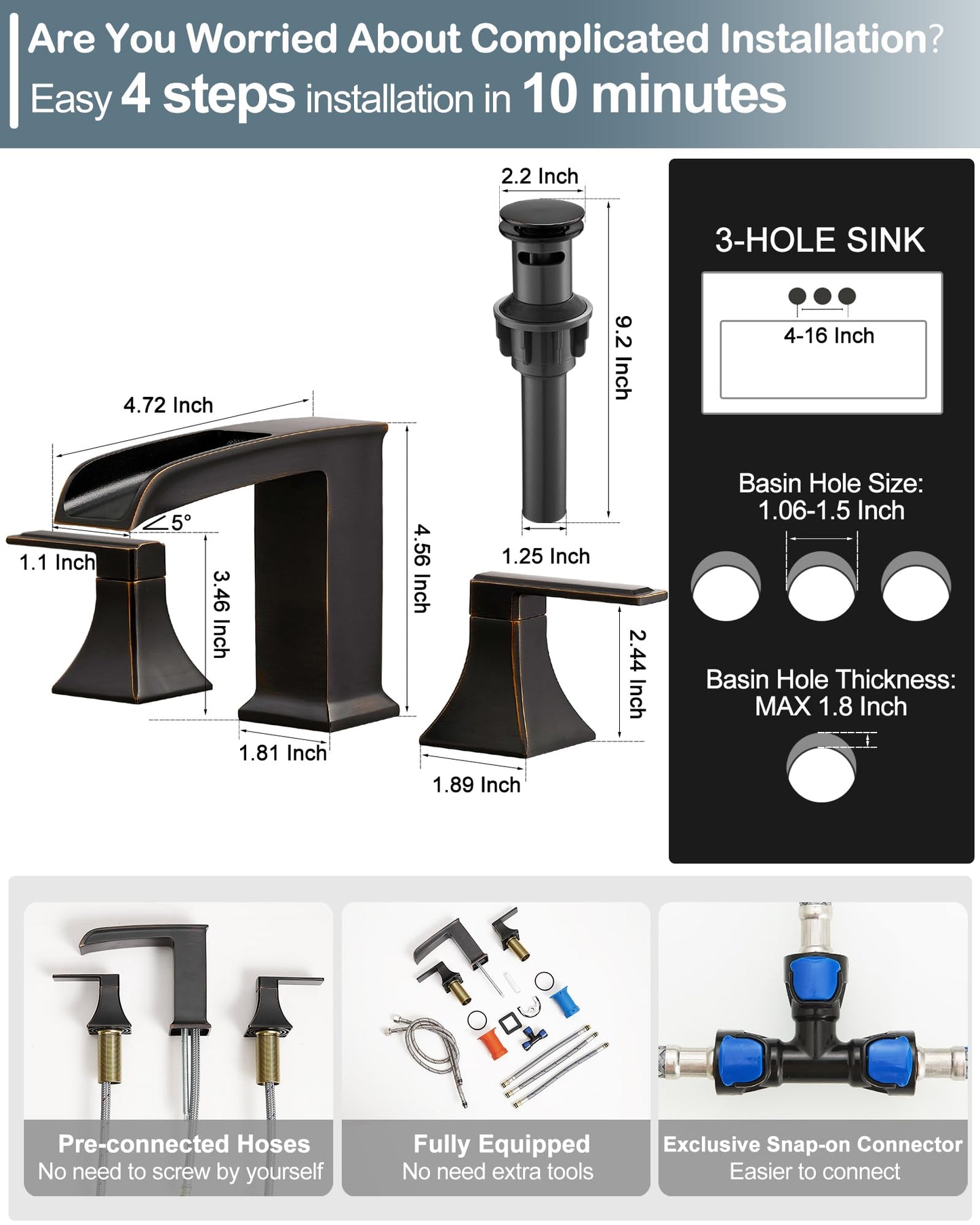 HEYMYTAP Oil Rubbed Bronze Bathroom Faucet 3 Hole, 4-16 Inch Brass Waterfall Faucet for Bathroom Sink, 2 Handle Vanity Bathroom Faucets with Pop-up Drain and Supply Hoses