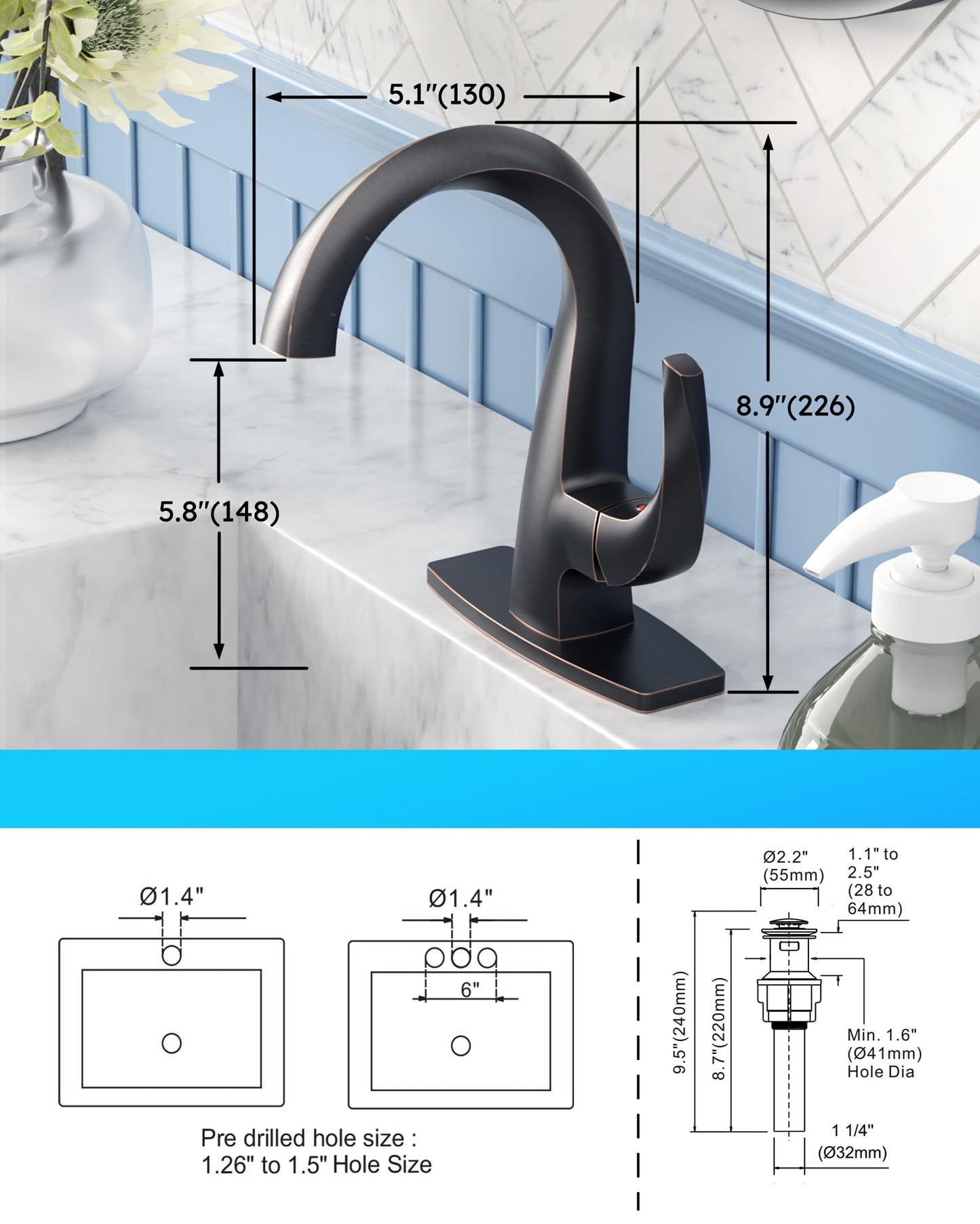 WOWOW Single Handle Bathroom Faucet 1 Hole High Arc Bathroom Basin Oiled Rubbed Bronze with Pop Up Drain, Solid Brass Commercial Bathroom Sink Faucet Basin Vanity Bar Faucet (Patented Product)
